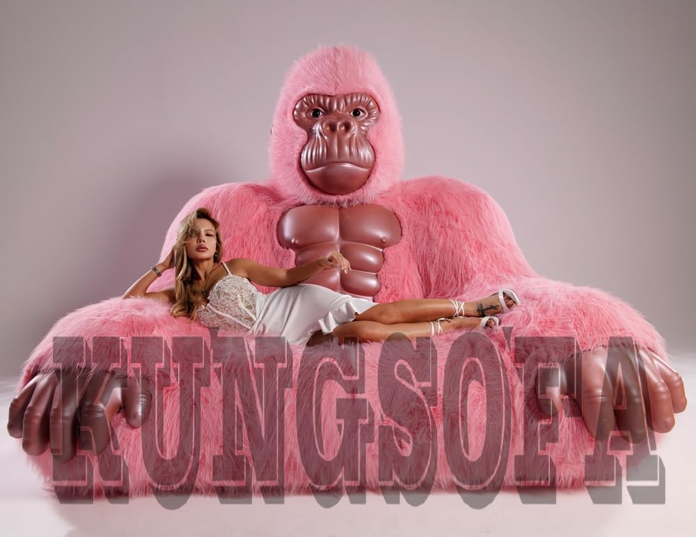 Gorilla Inflatable Luxury Sofa 6.56ft Height King Kong Inflatable Furry Plush Orangutan Furniture for Lounging, Gaming, or Movie Nights (Pink)