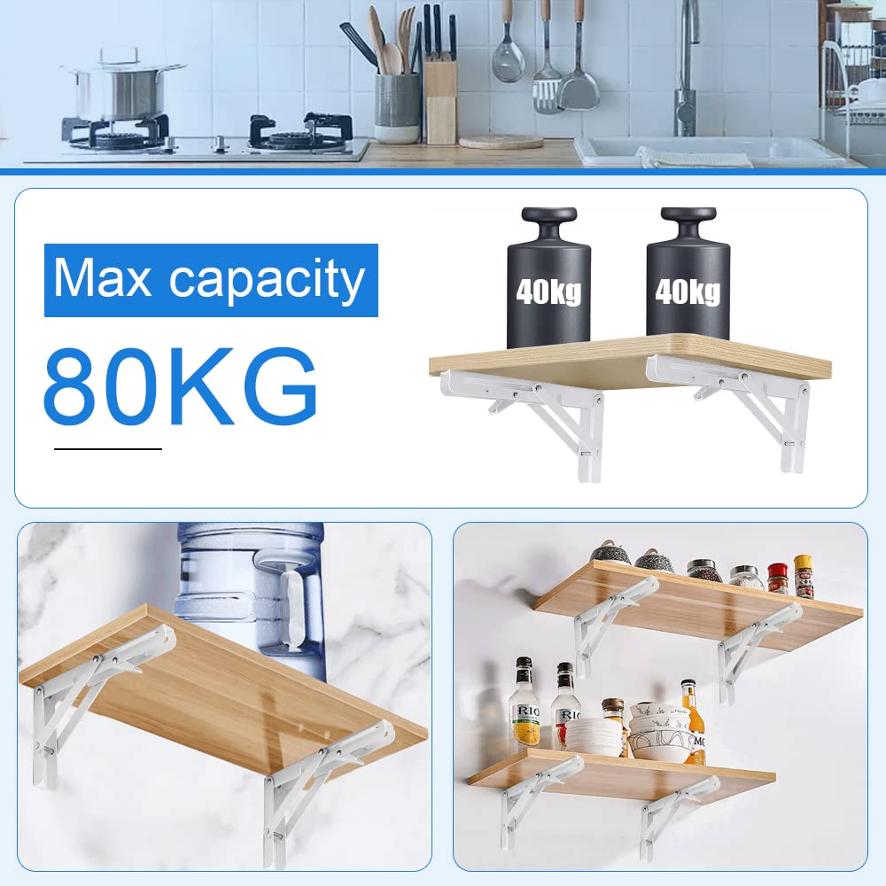 2 Staffe Pieghevoli Per Mensola 400 Mm - Portata 80 Kg, Bianco, Per Cucina/Bagno