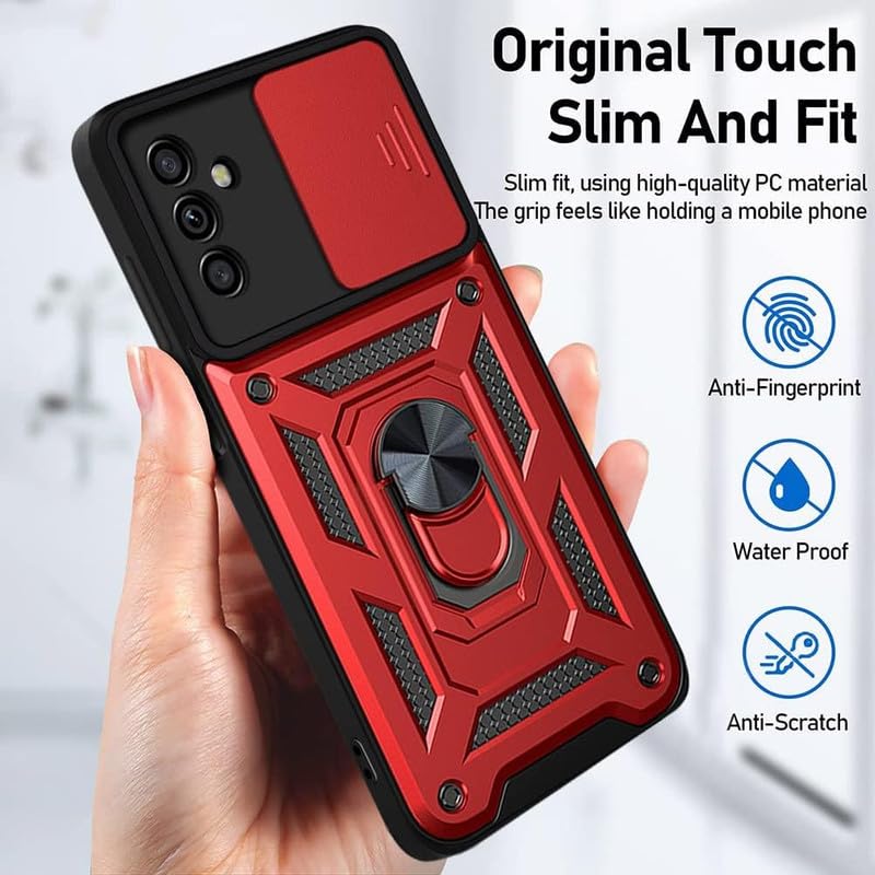 Image of SkyTree Samsung Galaxy F14 5G, Robotic Sliding Camera Window Shock Proof Thunder Case, Dual Layer Hybrid Shockproof Back Cover Case with Kickstand for Samsung Galaxy F14 5G - Red