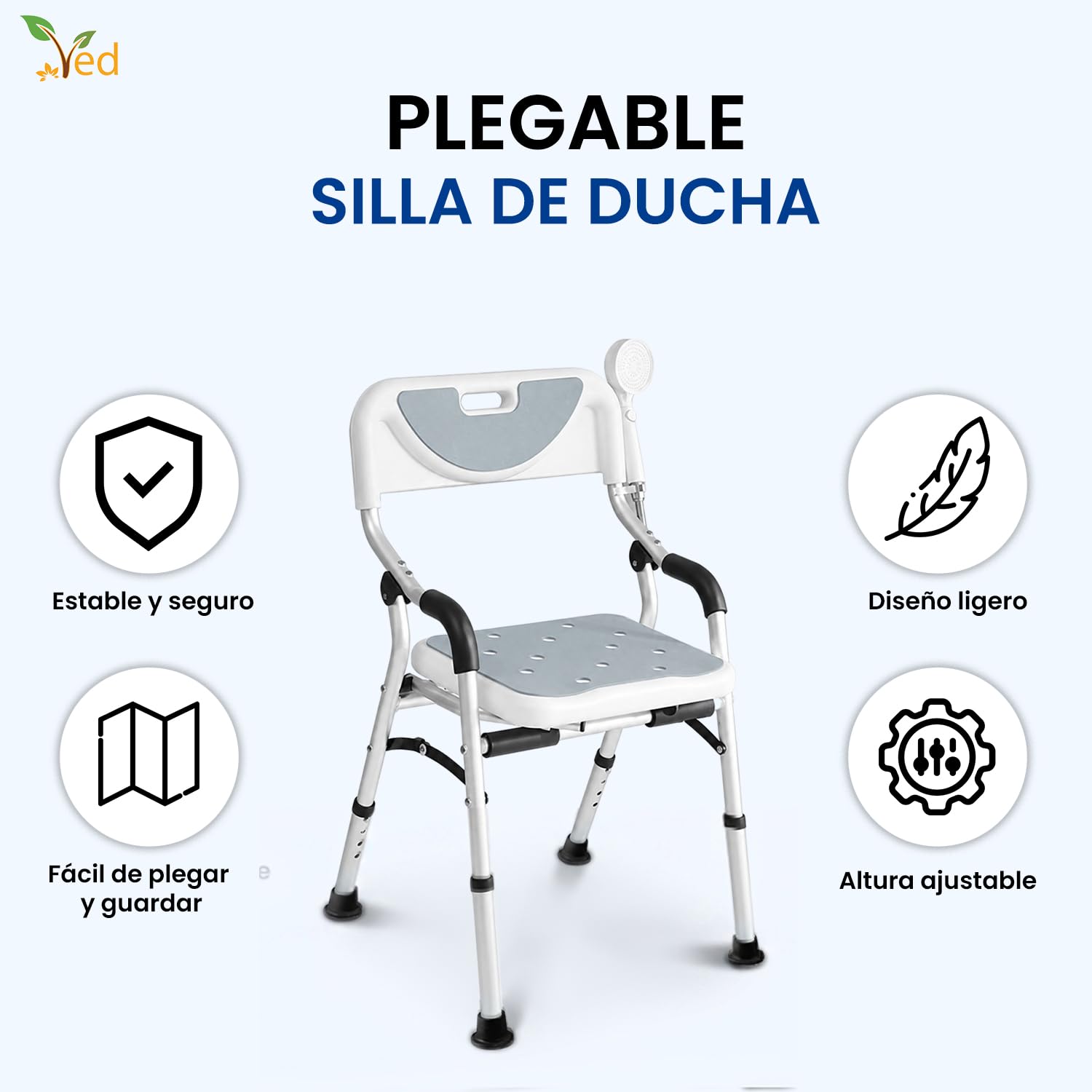 Silla de Ducha con Taburete VED, Asiento de bañera, Silla de Ducha Plegable, Asiento de baño portátil con Patas de Aluminio duraderas, Ajustable con Respaldo para baño.