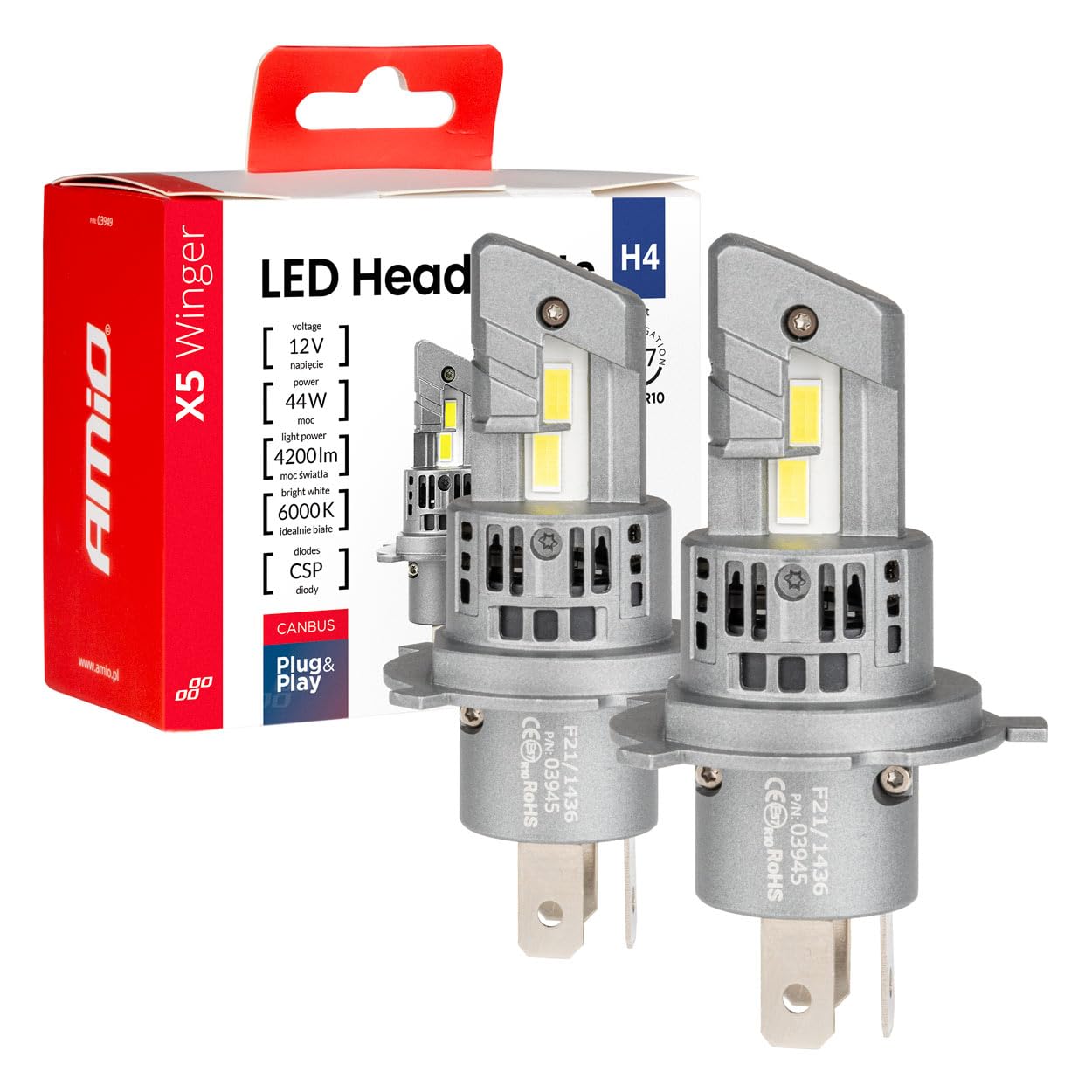 AMiO X5 Winger Żarówki LED H4 Canbus 6000K 4200LM 44W do Samochodów
