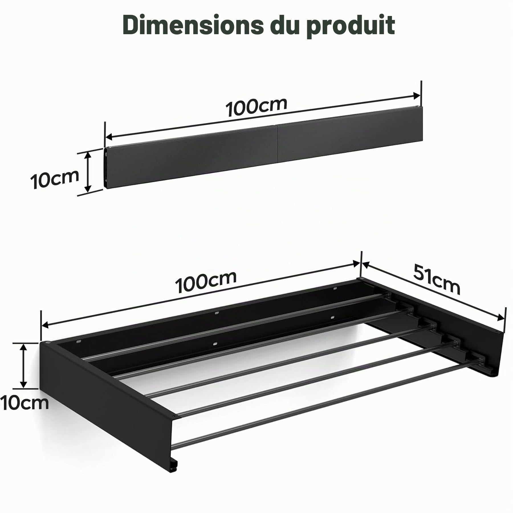 Séchoir à Linge Mural Extensible en Acier Inoxydable - 80 cm - Noir - Pliable - Montage Mural - Capacité de Charge de 50 kg - pour l'intérieur et l'extérieur - Balcon