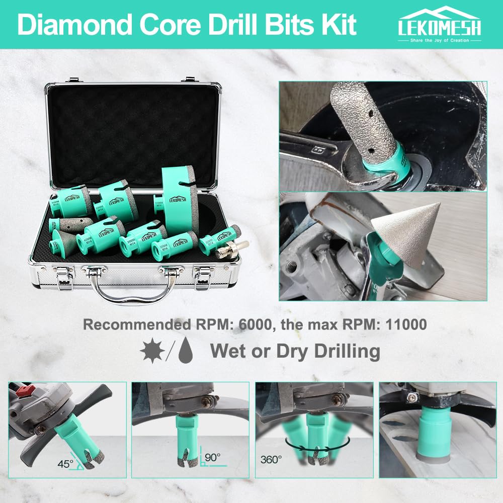 Punte Diamantate Gres Porcellanato -10 Pezzi (20/25/35/40/50/68/110mm+20mm Fresa+50mm Punte Smusso+Adattatore) Trapano Diamantate per Piastrelle in Ceramica, Marmo,Filettatura M14