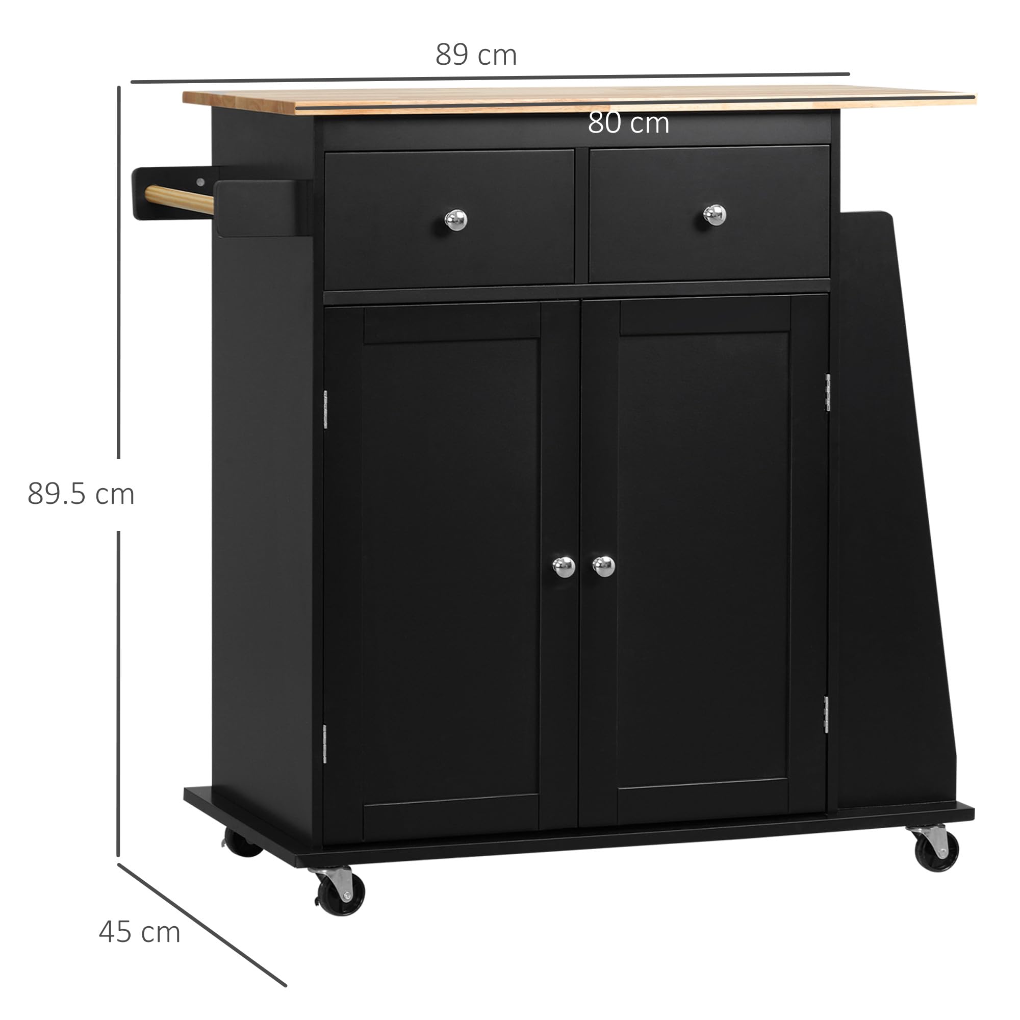 HOMCOM Carrello da Cucina con Armadietto, 2 Cassetti e Portaspezie a 3 Ripiani, Isola da Cucina Portavivande con Scaffale Regolabile, Porta Asciugamani e 4 Ruote con 2 Freni, 89x45x89.5 cm, Nero