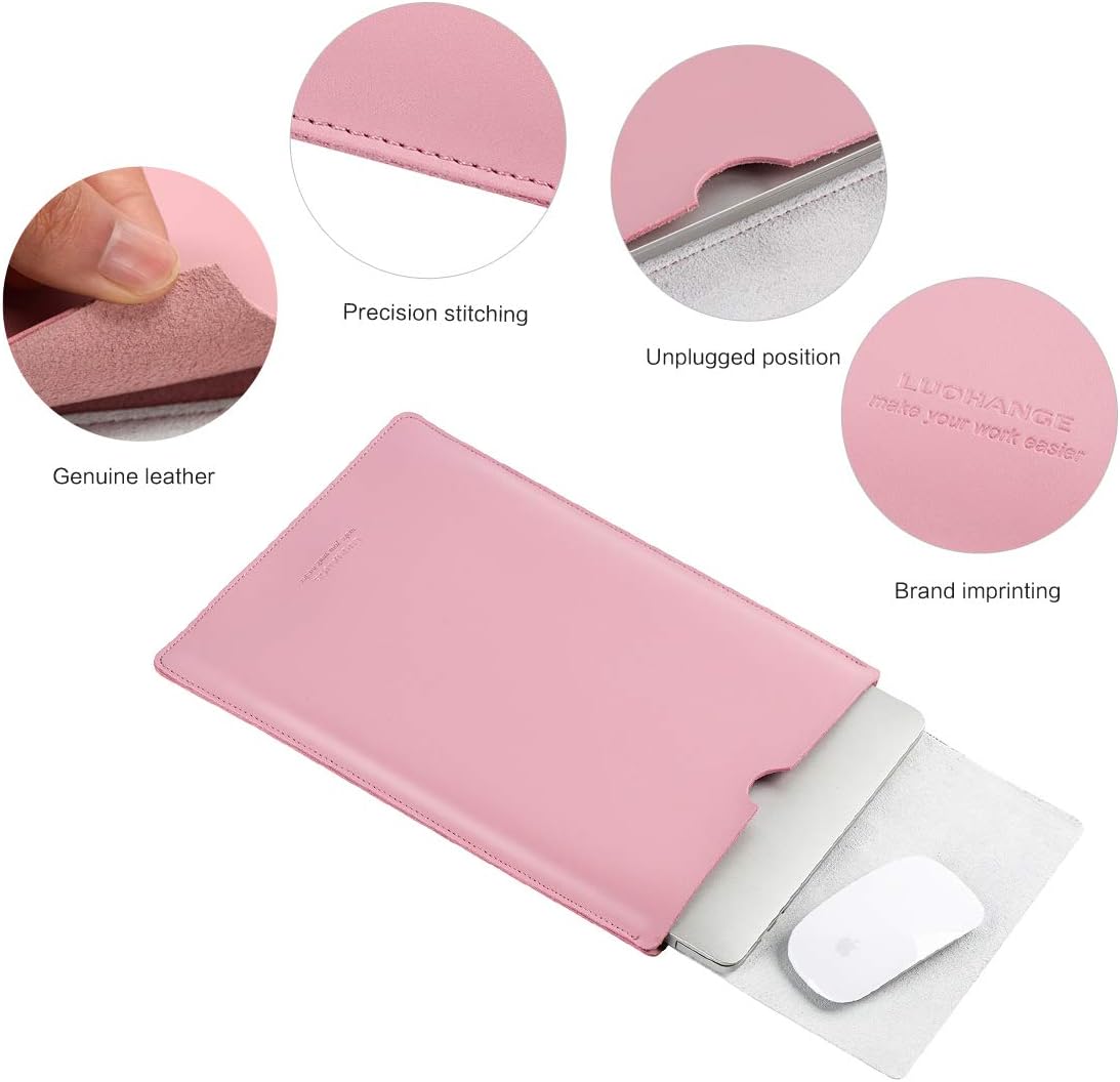13-Inch Genuine Leather Laptop Sleeve Case MacBook Neo A18 Pro/MacBook Air 13 2018-2026/MacBook Pro 13 2016-2022, Surface Laptop (13 Inch, Pink)