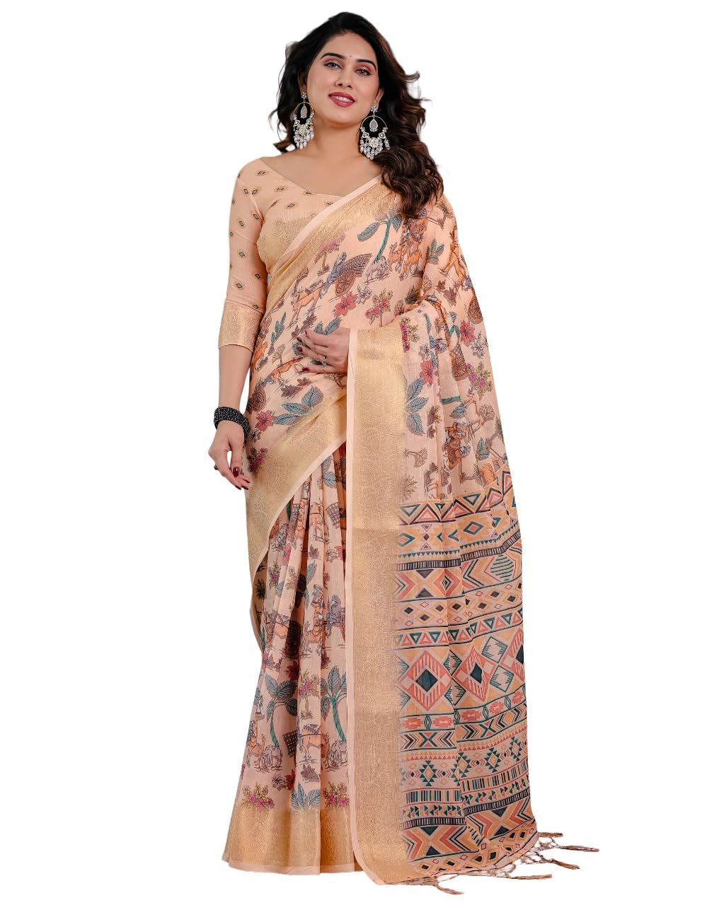 Pure Handloom Linen Digital Printed Saree with Rich Zari Border and Unstitched Blouse Piece-image-40