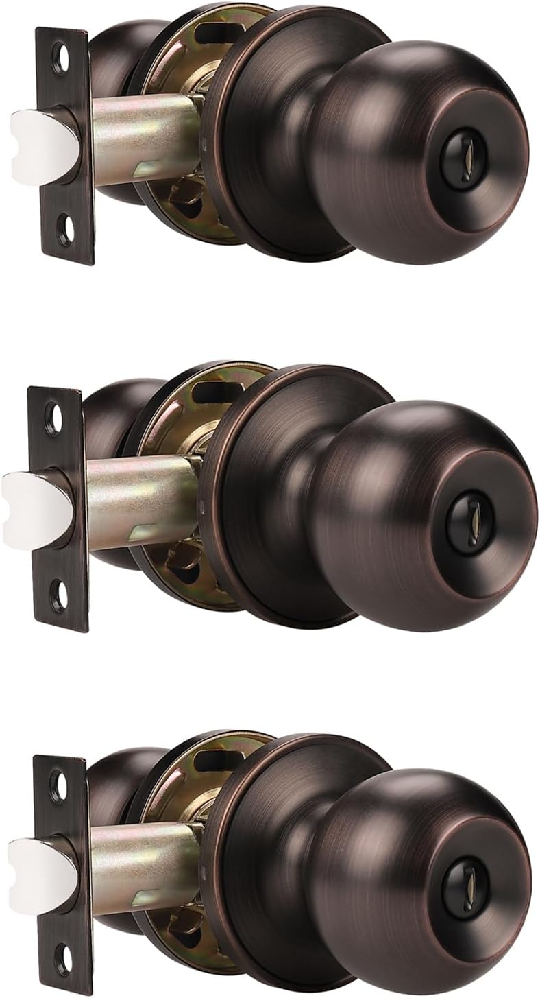 Probrico Interior Door Knobs Oil Rubbed Bronze Door Locks for Bedroom/Bathroom, Oil Rubbed Bronze Privacy Door Handle Locks, Interior Keyless Door Locks, 3 Pack