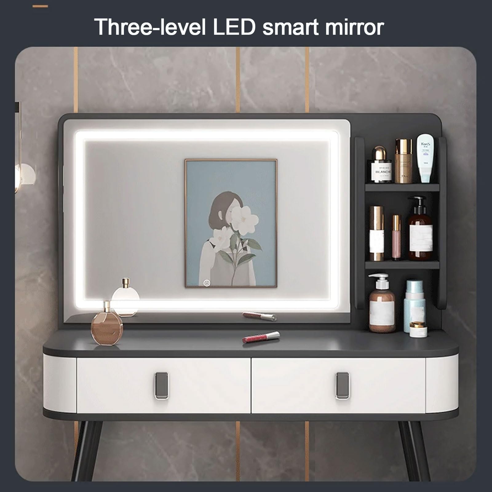grey dressing table with lights RoyalCraf Vanity Desk with Big Mirror and 3 Color Lights for Makeup, –  RoyalCraft main image 1