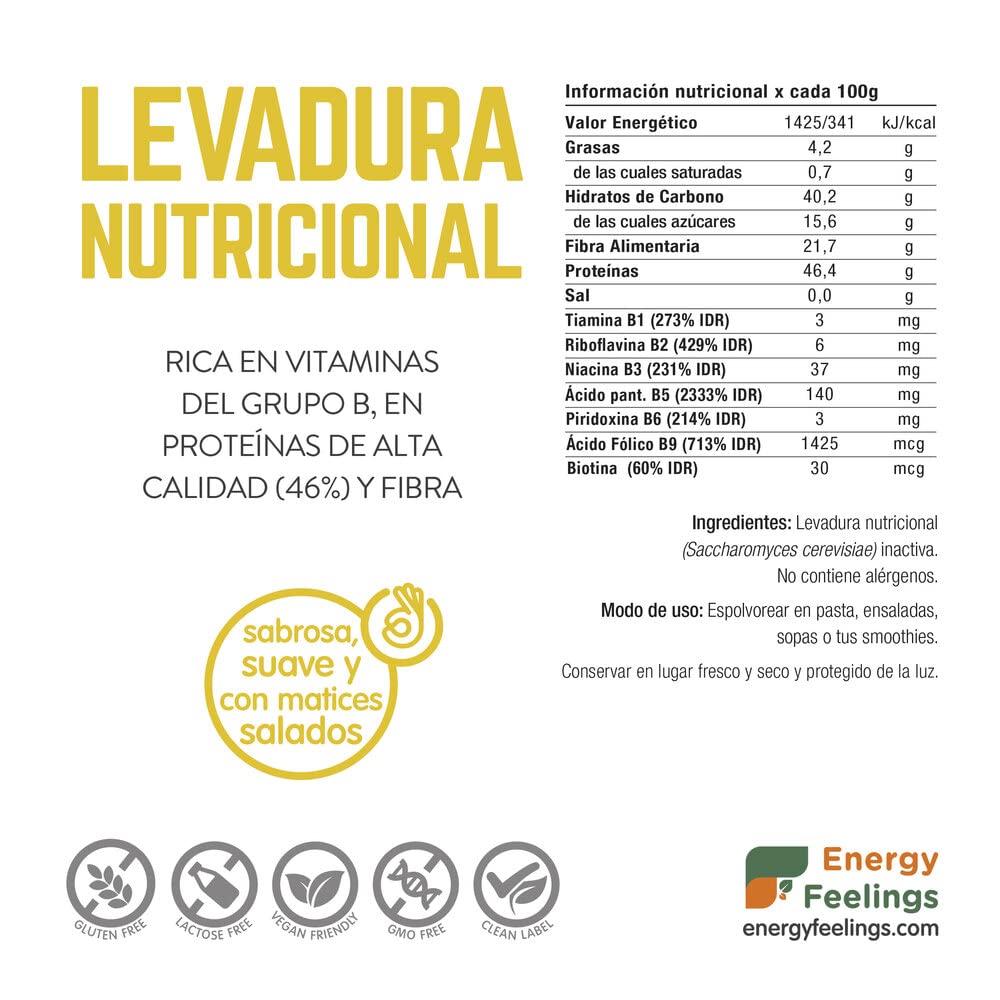 Energy Feelings Levadura Nutricional 75g, Levadura Nutritiva en Copos Rica en Vitamina B y Proteínas 46%, Nutritional Yeast Sin Gluten, Sin Azucar, Ideal para Queso Vegano
