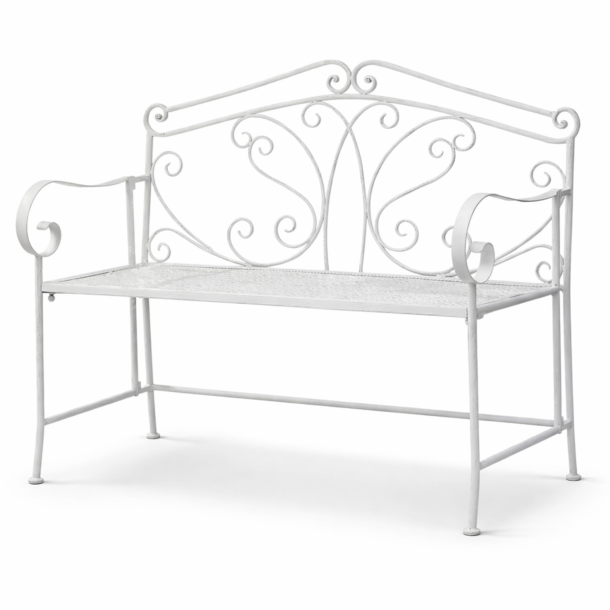 GlamHaus Metal Garden Bench, Patio Seat Furniture, Foldable White, Beautiful Shabby Chic, Handmade Vintage (Andalusia White)