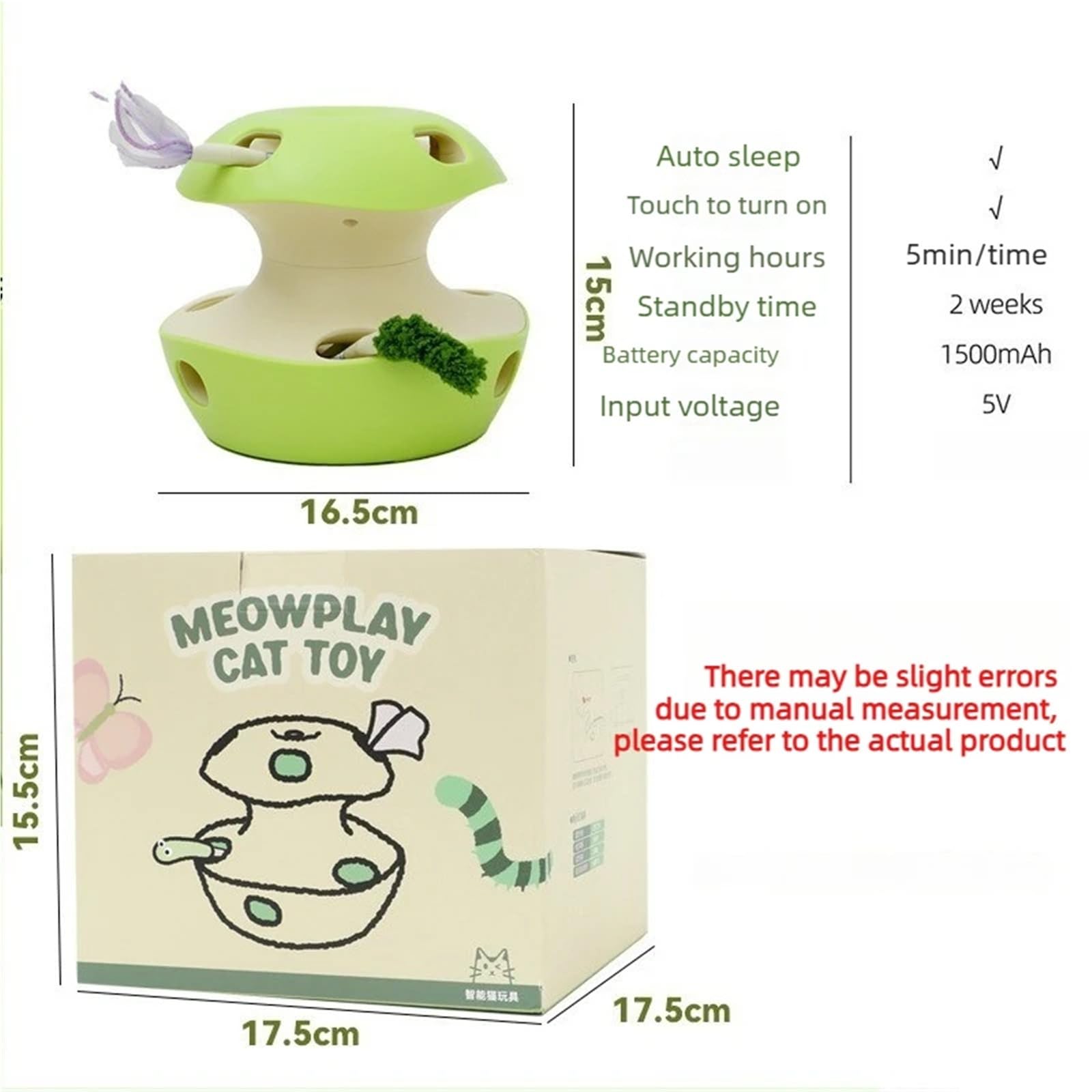 Juguete giratorio for gatos con forma de manzana y palo for provocar | Rotación automática for autojuego. Tocadiscos recargable en forma de manzana con ratón.(Green)