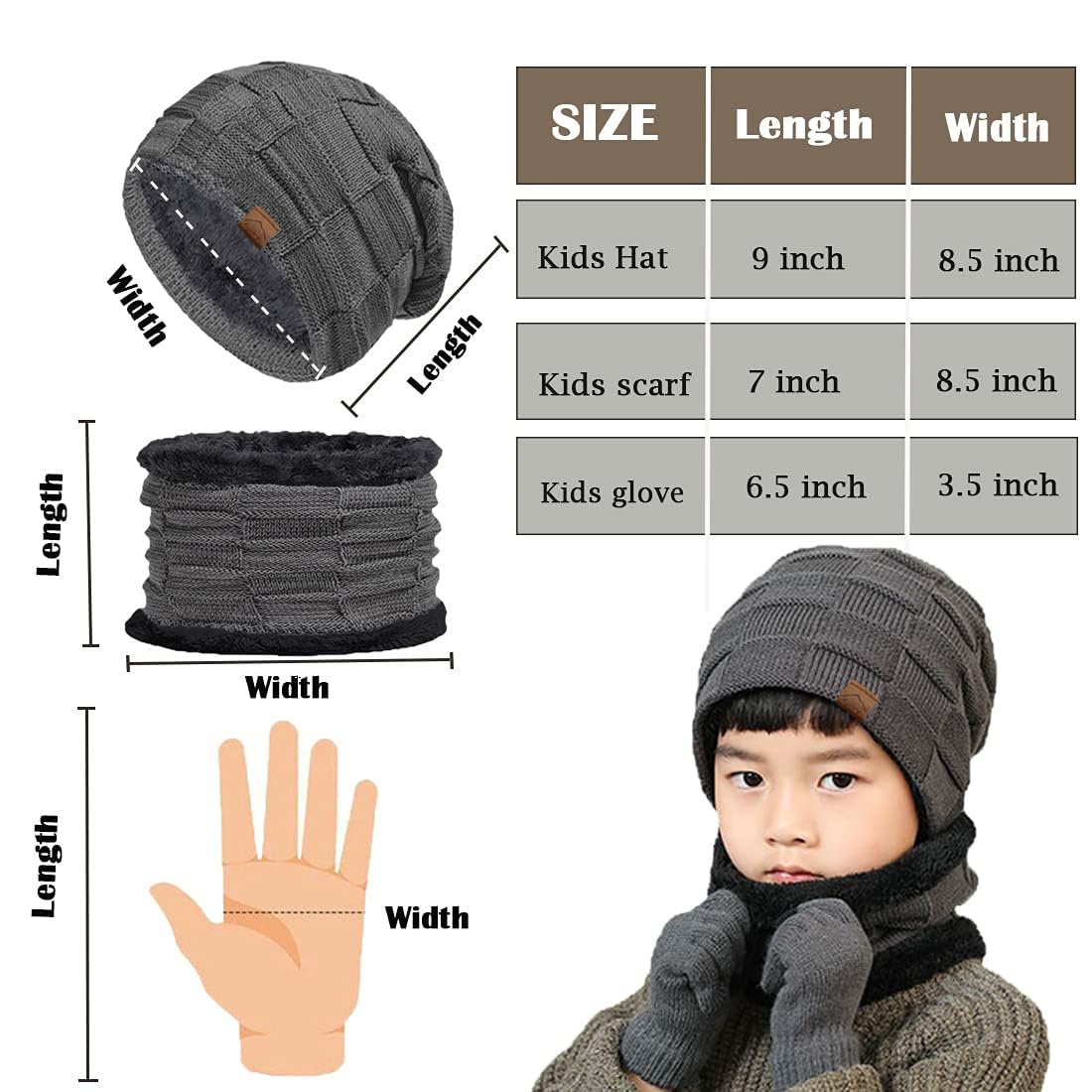 T Wilker 3Pcs Winter Beanie Hat Warm Scarf Touch Screen Gloves Set Snow Knit Cap Mittens for Kids Girls Boys 3
