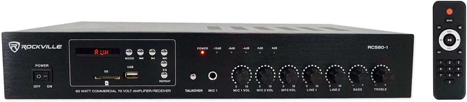 Rockville RCS80-1 60 Watt 70V/100V Commercial Amplifier/Bluetooth 5.0 Receiver, Supports 4/8/16 Ohm Speakers, USB/SD/FM/RCA/Mic, for Restaurants and Offices