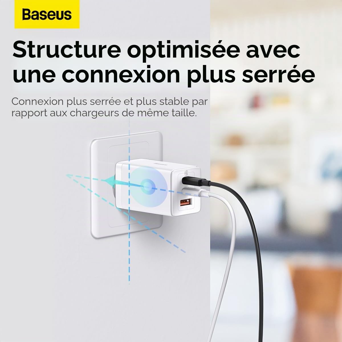 Baseus Travel Charger GaN5 Pro Fast Wall Charger, C+C+U, QC, AFC, PD 65W with Type-C to Type-C (100W) 1m, White EU (CCGP120202)