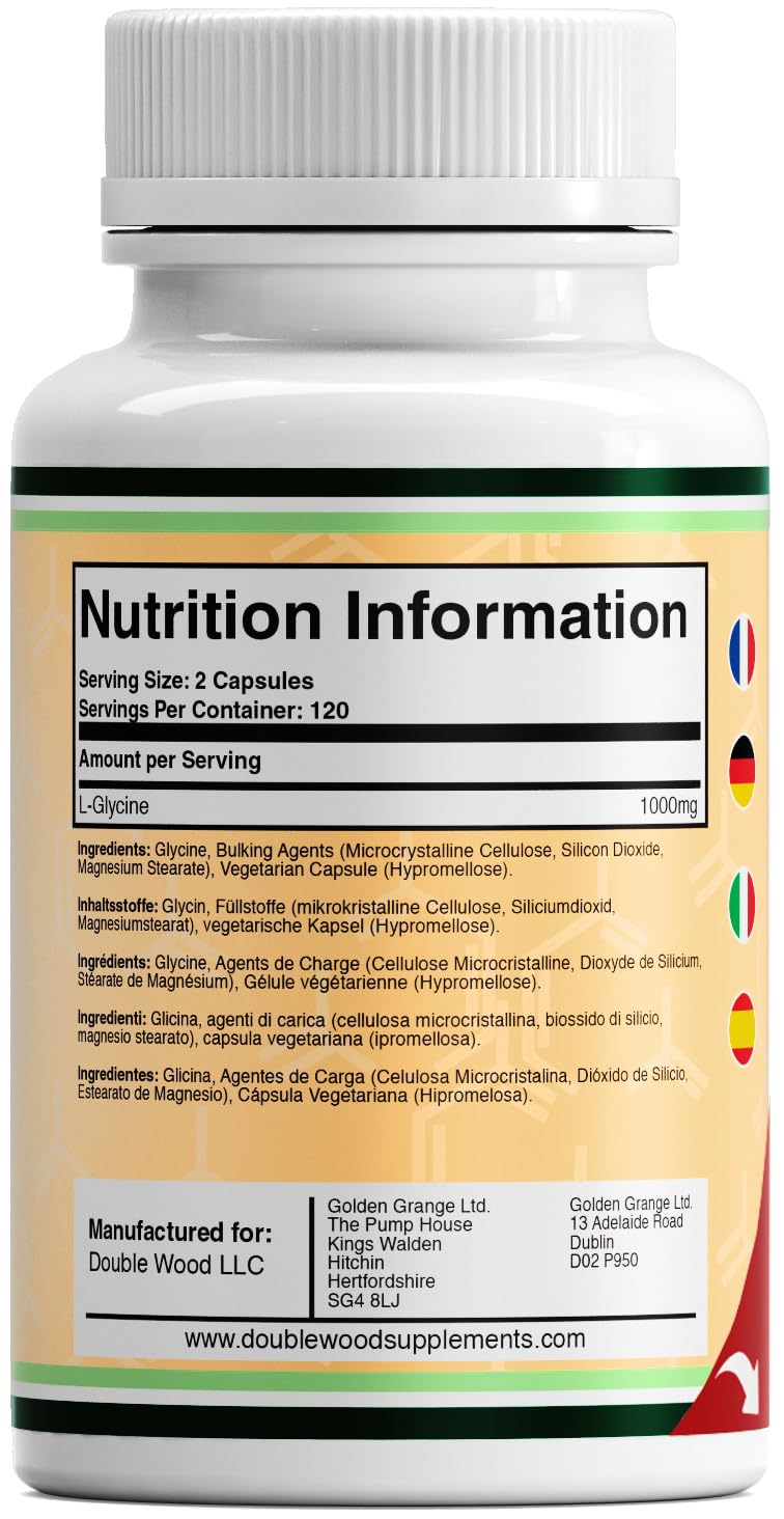 DW Glycin Nahrungsergänzungsmittel | hochdosierte Glycin Kapseln – 1000mg L-Glycin pro Portion | Aminosäure Glycine | Gentechnik- und Glutenfrei | Hergestellt in Großbritannien (240 Capsules)