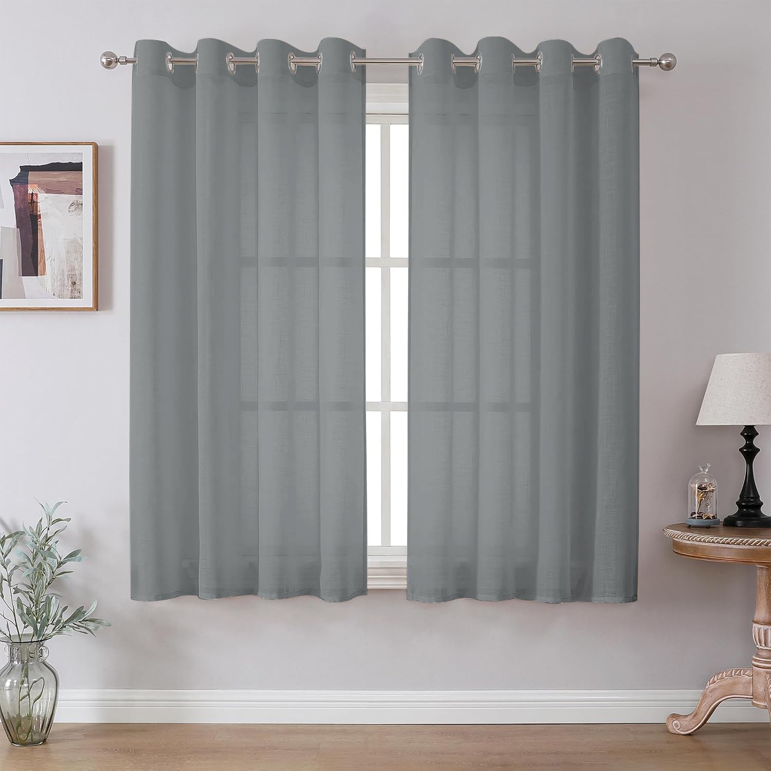 CUCRAF Leinen Voile Vorhänge mit Ösen Lichtfilterung Gardine für Schlafzimmer Wohnzimmer, Grau Blau, H225 x B140cm 2er Set