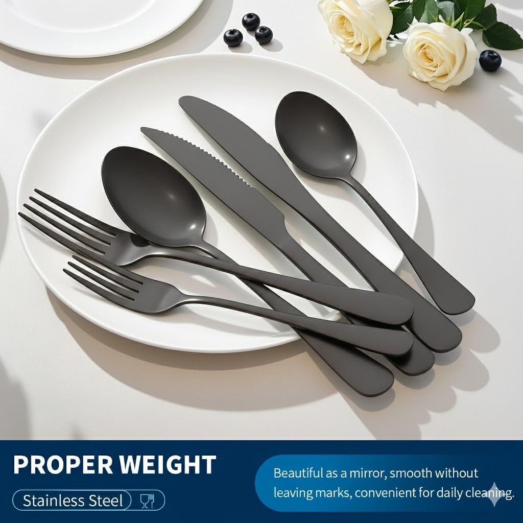 GPY Black Silverware Set, 24-Piece Stainless Steel Flatware Set Service for 4, Titanium Plated Black Eating Utensils, Modern Mirror Finish Cutlery for Kitchen & Home
