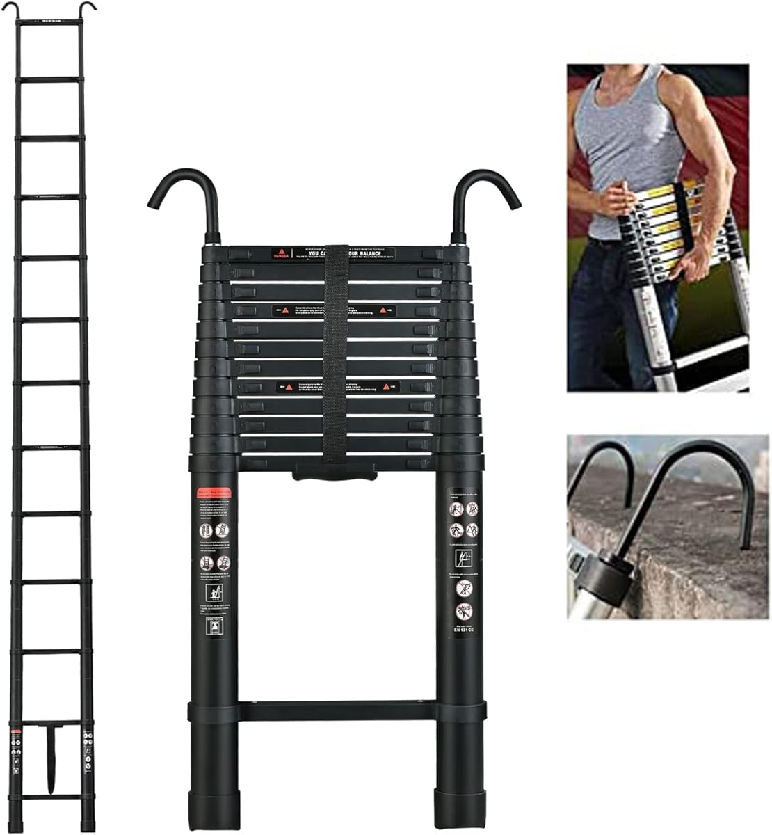 Aluminum Telescoping Ladder with Hooks, 10.5FT Black Telescopic Ladder One Button Retraction Portable Extension Ladder Folding Loft Roof Attic RV Ladder for Home and Outdoor Work, 330lbs Capacity