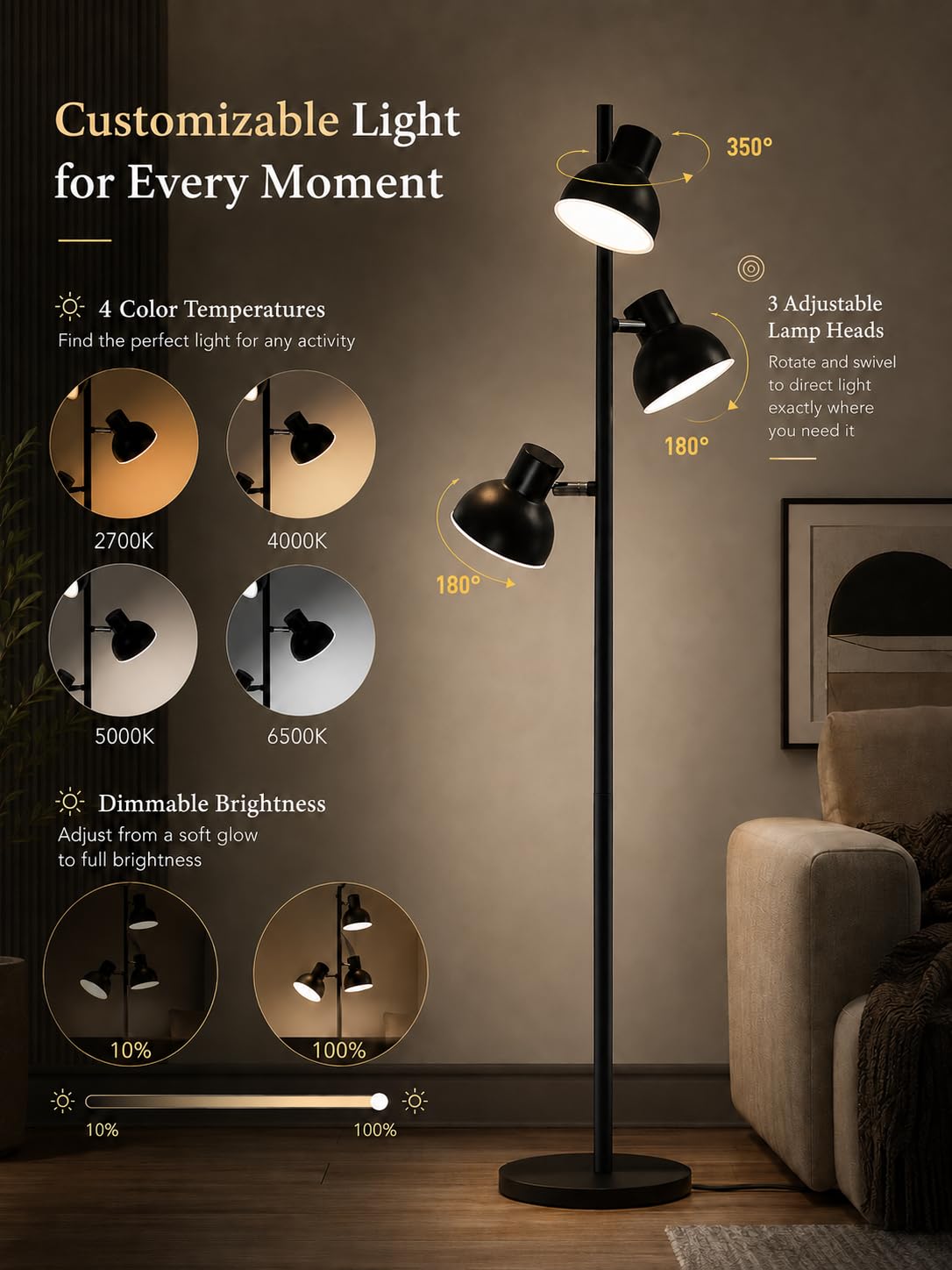 Lampada da Terra a 3 Teste per Soggiorno, LED 36W Dimmerabile con Telecomando e Controllo Touch, Temperatura Colore 2700K–6500K, Lampada Moderna da Lettura per Camera e Ufficio AVEN FL08