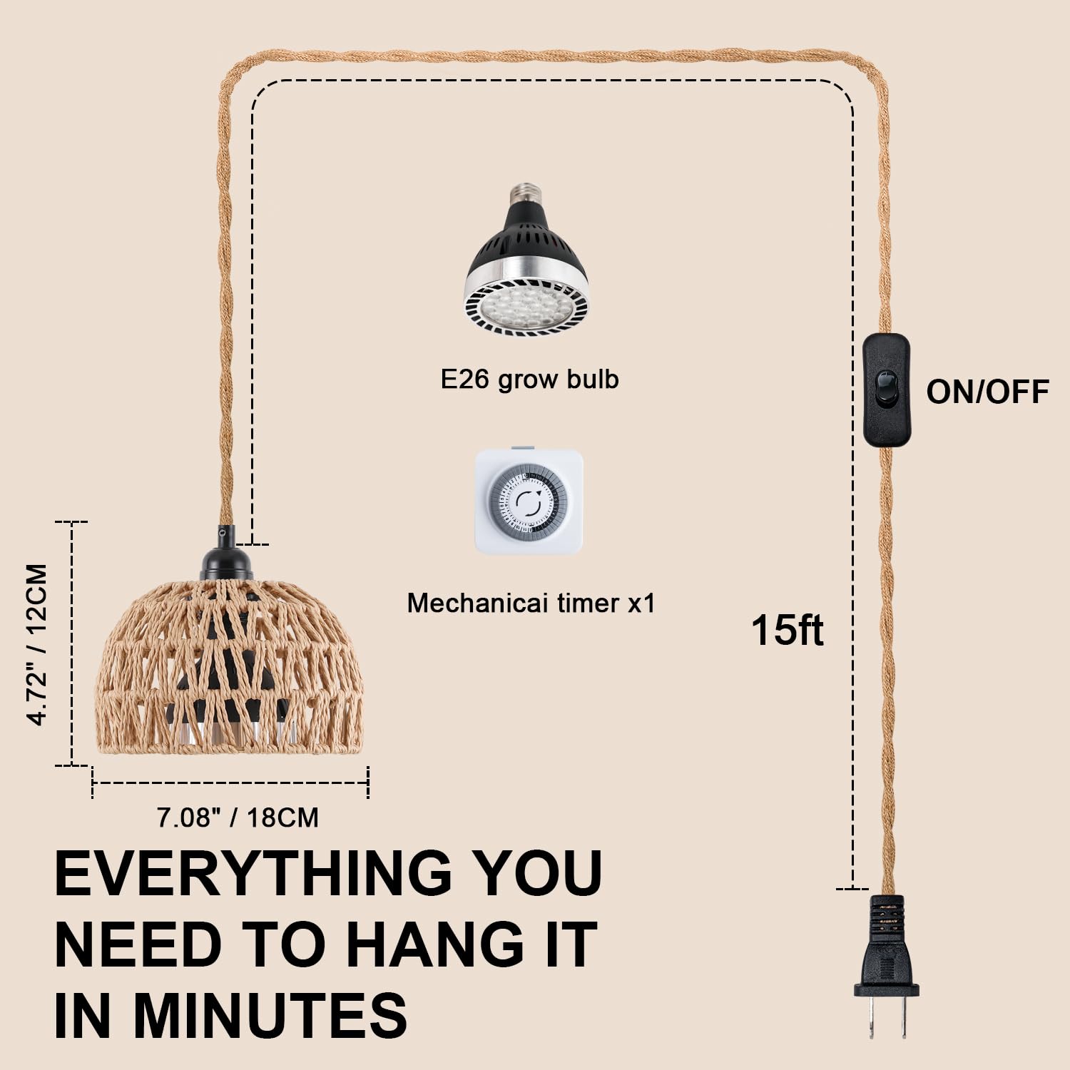 Wiszące lampy do uprawy roślin domowych, pełne spektrum, z timerem i przewodem zasilającym 30 m, wiszące lampy roślinne 30 W do uprawy w pomieszczeniach, ogrodu, kwiatów, szklarni (4000 k
