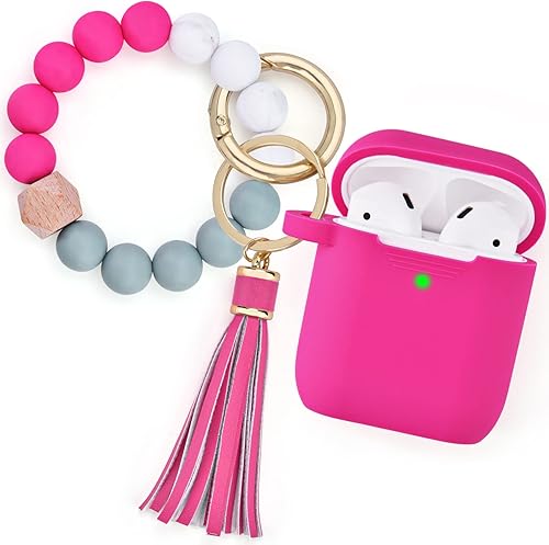 Compatible con Airpod, bonita funda protectora de silicona con llavero de pulsera para mujeres y niñas (rosa fucsia)