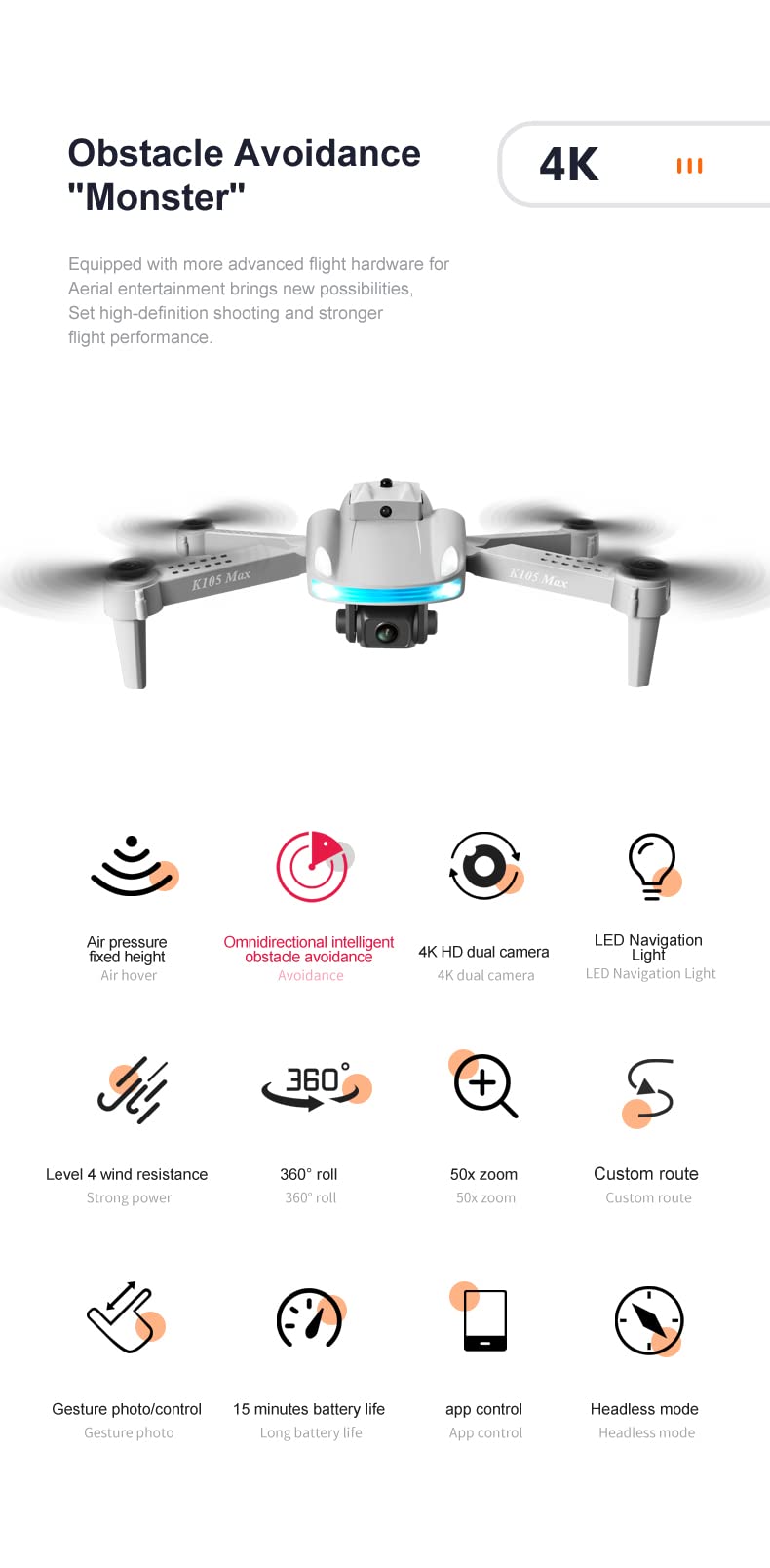 360-stopniowa kamera lotnicza z dronem do unikania przeszkód, podwójny aparat o wysokiej rozdzielczości 4K, zdalnie sterowany dron na podczerwień, quadkopter do unikania przeszkód (Color : 2,
