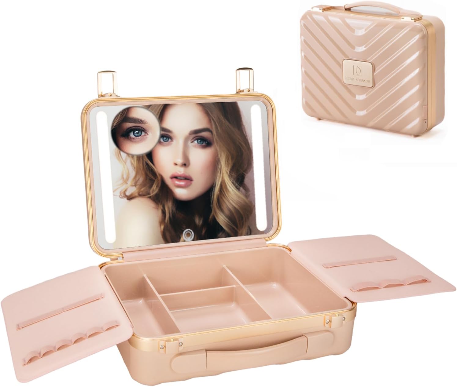 Makeup Case with LED Lighted Mirror, 11.5''x 8.7'' Portable Travel Makeup Organizer, Toiletry Storage Makeup Bag Gift for Lady, DIY Dividers Makeup Box with 5X Magnifying Mirror (Pink)