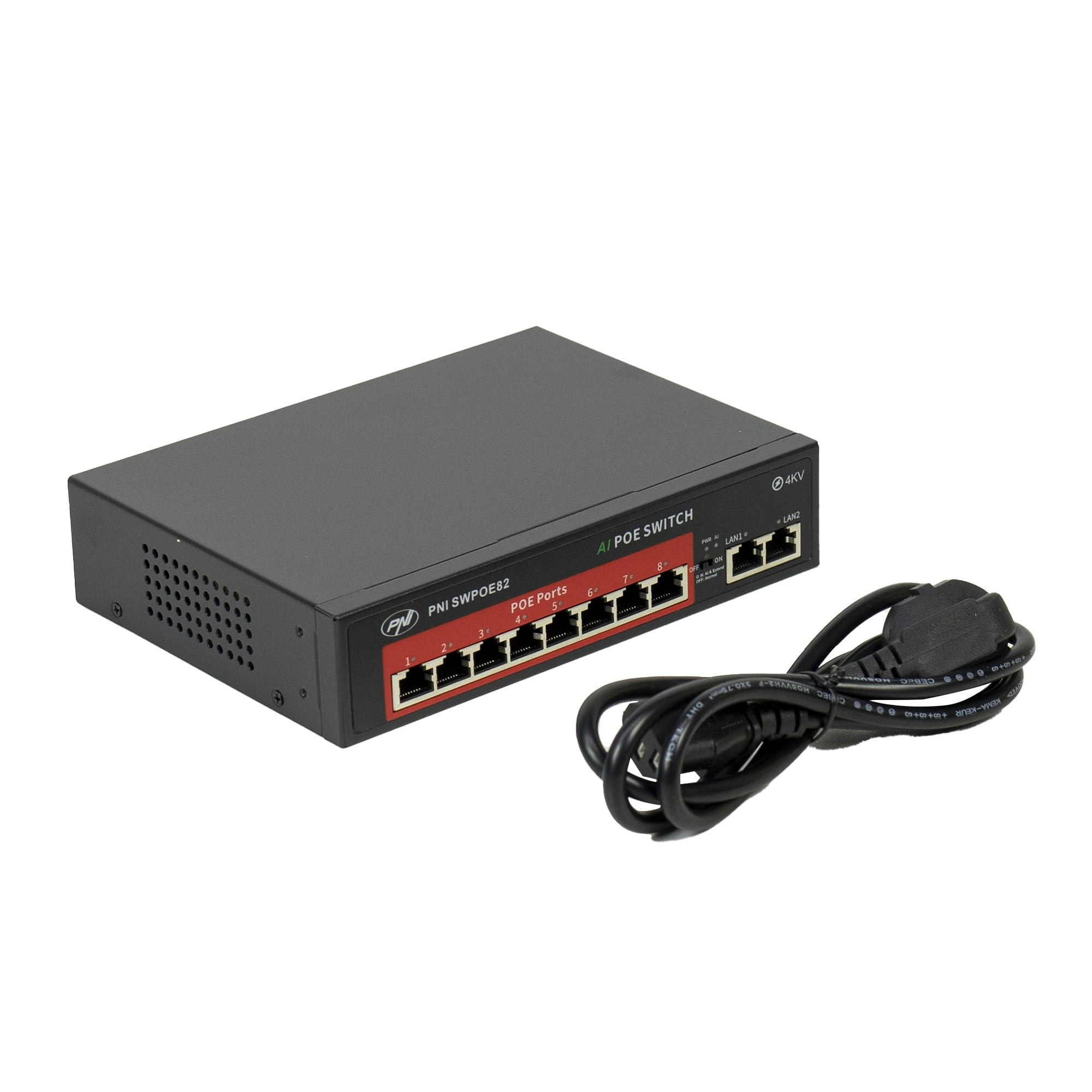 Switch POE SWPOE82 PNI, 8 porte POE da 100 Mbps e 2 porte UP Link da 100 Mbps, 120 W, funzione AI Extend fino a 250 m, protezione contro i fulmini da 4 kV