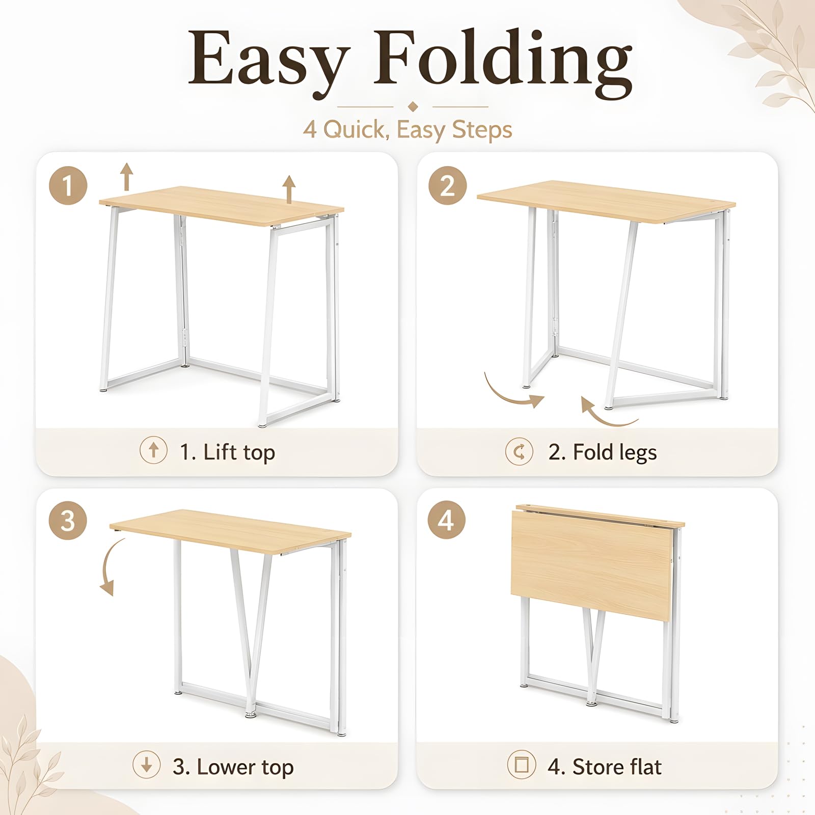 Escritorio Infantil Plegable Mesa Estudio Ordenador para Habitación Juvenil Dormitorio niña Ahorro de Espacio Nórdico Fácil Montaje Esquinas Redondeadas Blanco Roble 80x40x74cm