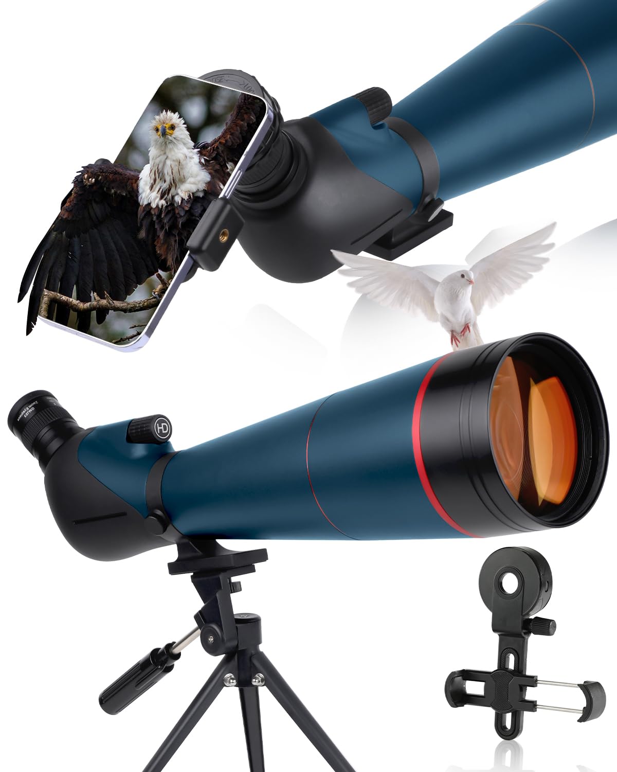 25-75x100mm Telescopio Terrestre, Zoom Catajos Alta Potencia, Adaptador Teléfono, Trípode, Bolsa, 45° Angular, Observación Estrellas, Aves, Caza (B)