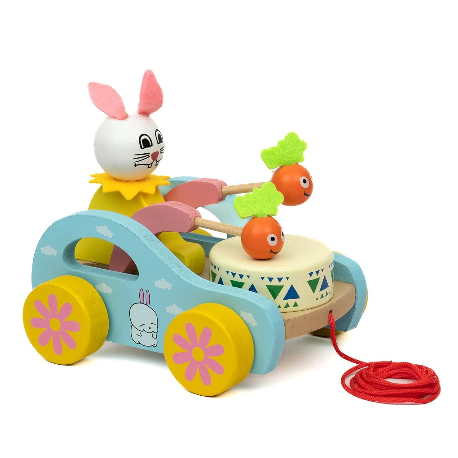 Little Mind Wooden Pull Along Toy of Cute Rabbit Drumming Pull Along Car with Attached String | Wooden Drum Musical Pull Along Toy, Baby Early Walking Pull Toy Vehicle for Babies Multicolor Pack of 1-image-17