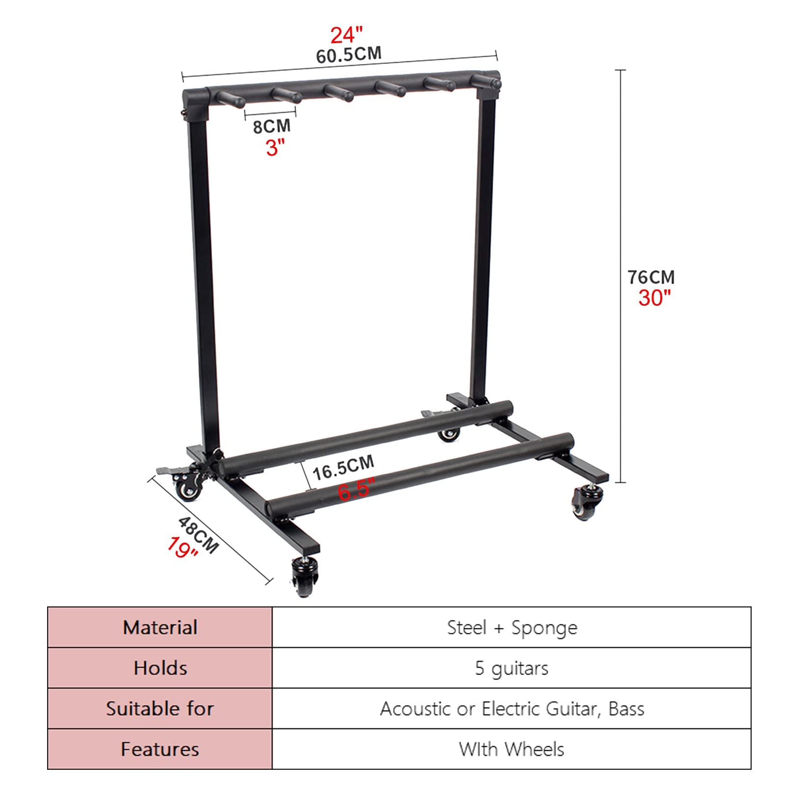 Supporto Per Chitarra A 3 Posti Pieghevole - Con Ruote, Per Chitarre Acustiche, Elettriche E Bassi - Foto 6