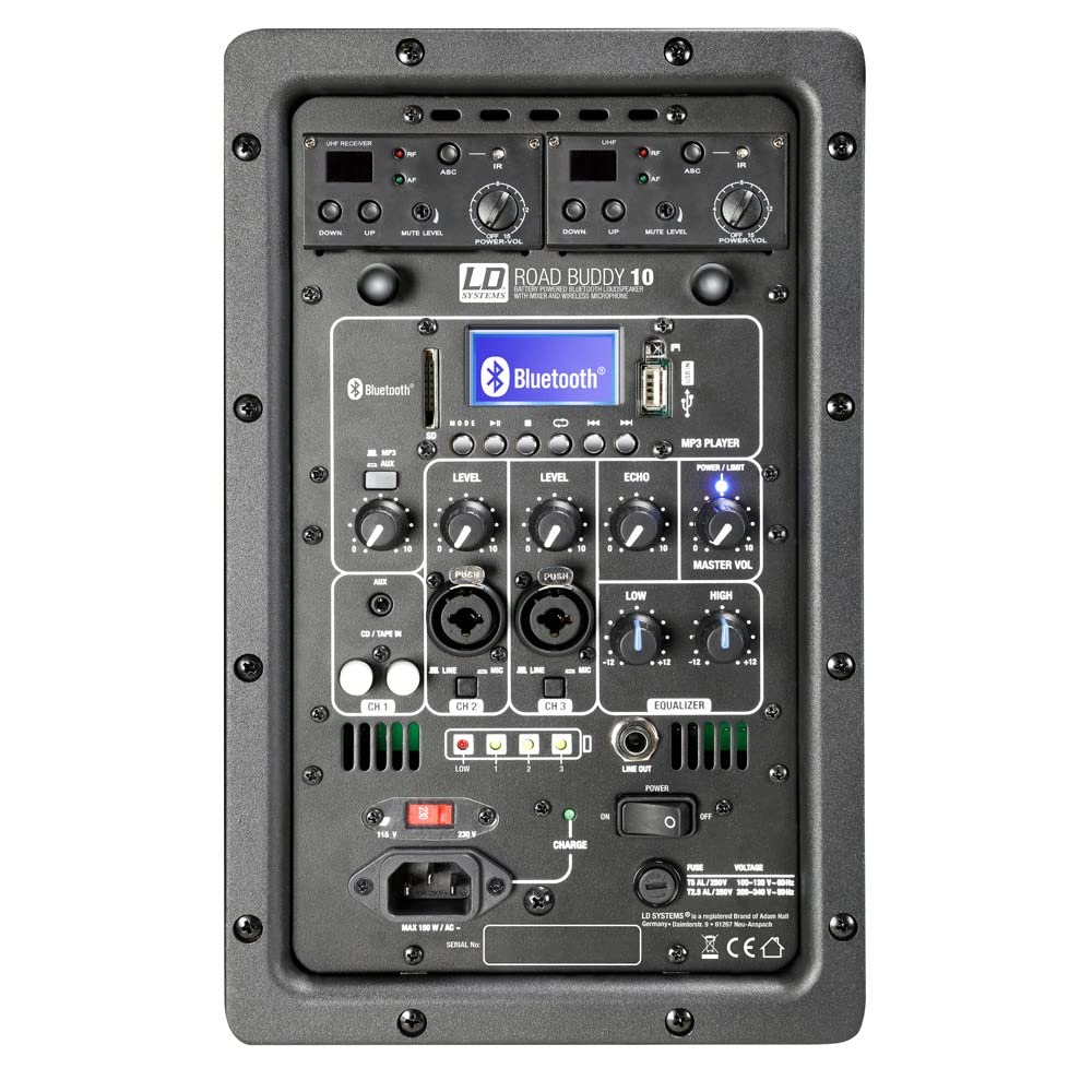 LD Systems ROADBUDDY 10 HHD 2 B6 - Akkubetriebener Bluetooth-Lautsprecher mit Mixer, 2 Funkmikrofonen, 655-679 MHz, schwarz