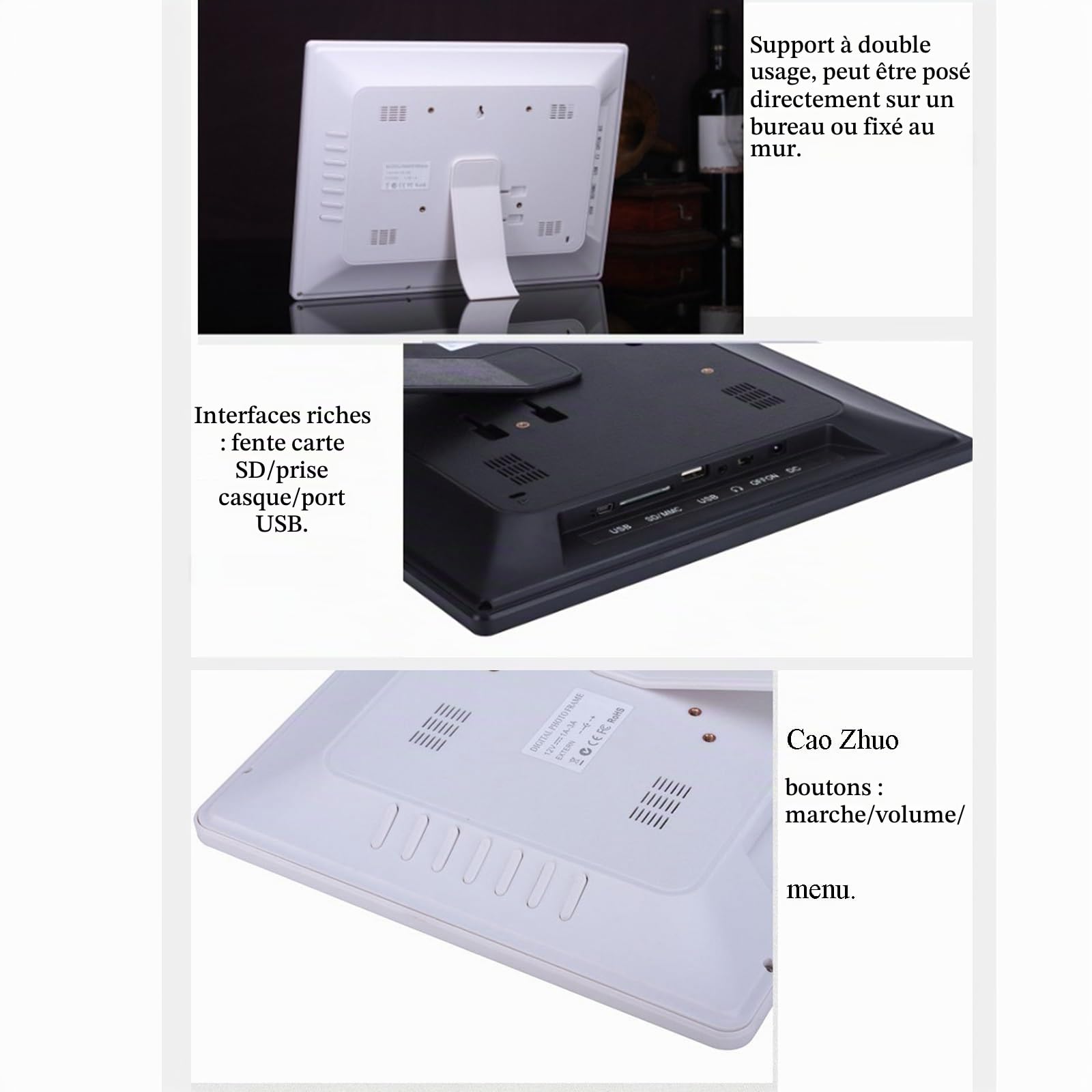 Écran publicitaire IPS HD 15 Pouces, Cadre Photo électronique Domestique, Album Photo numérique 1080P à Lecture Automatique(Black)