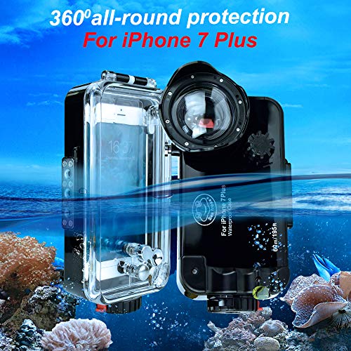 iPhone 7plus / 8plus Funda Impermeable Negra, 195ft/60m Profundidad Sellado Completo A Prueba de Golpes, Nieve, Polvo, Agua Certificado IPX8 Buceo Natación Surf Snorkel Funda 5.5 Pulgadas