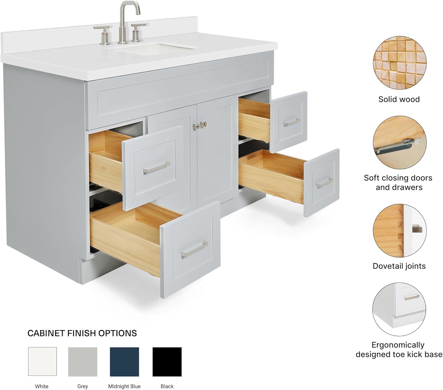 ARIEL Hamlet 54-inch Bathroom Vanity with Sink,Solid Wood, 1.5-inch Pure White Quartz Countertop & Backsplash, Single Rectangular Porcelain Sink, 2 Soft Closing Doors, 4 Dovetail Drawers, Grey