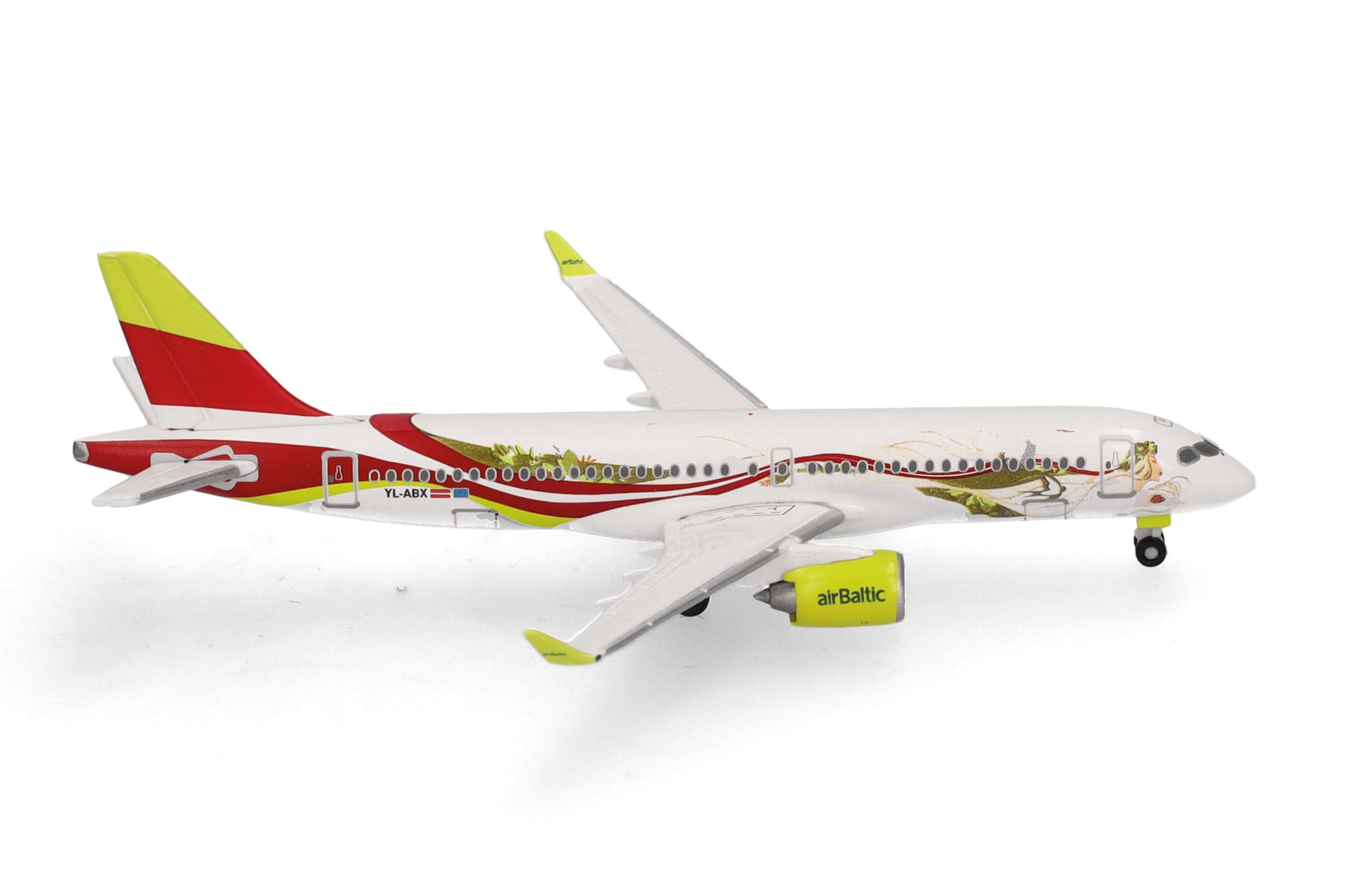 Herpa Modellflugzeug airBaltic Airbus A220-300 50th A220 - YL-ABX Miniatur im Maßstab 1:500, Sammlerstück, Flugzeug Modell ohne Standfuß, Metall