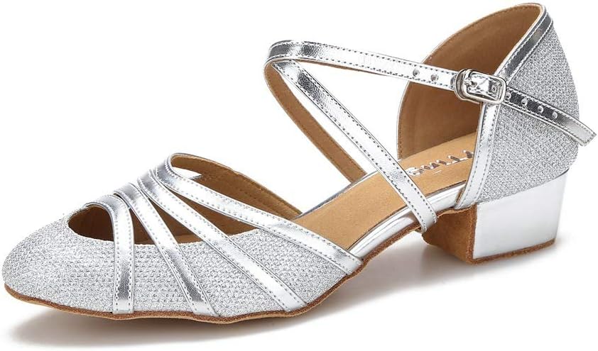 YYTingClosed Toe Ballroom Dance Shoes Women Latin Salsa Social Wedding Indoor Dancing Shoes 2.5in,1.5in Heels YT09, Silver-1.5in Heels, 6.5 UK
