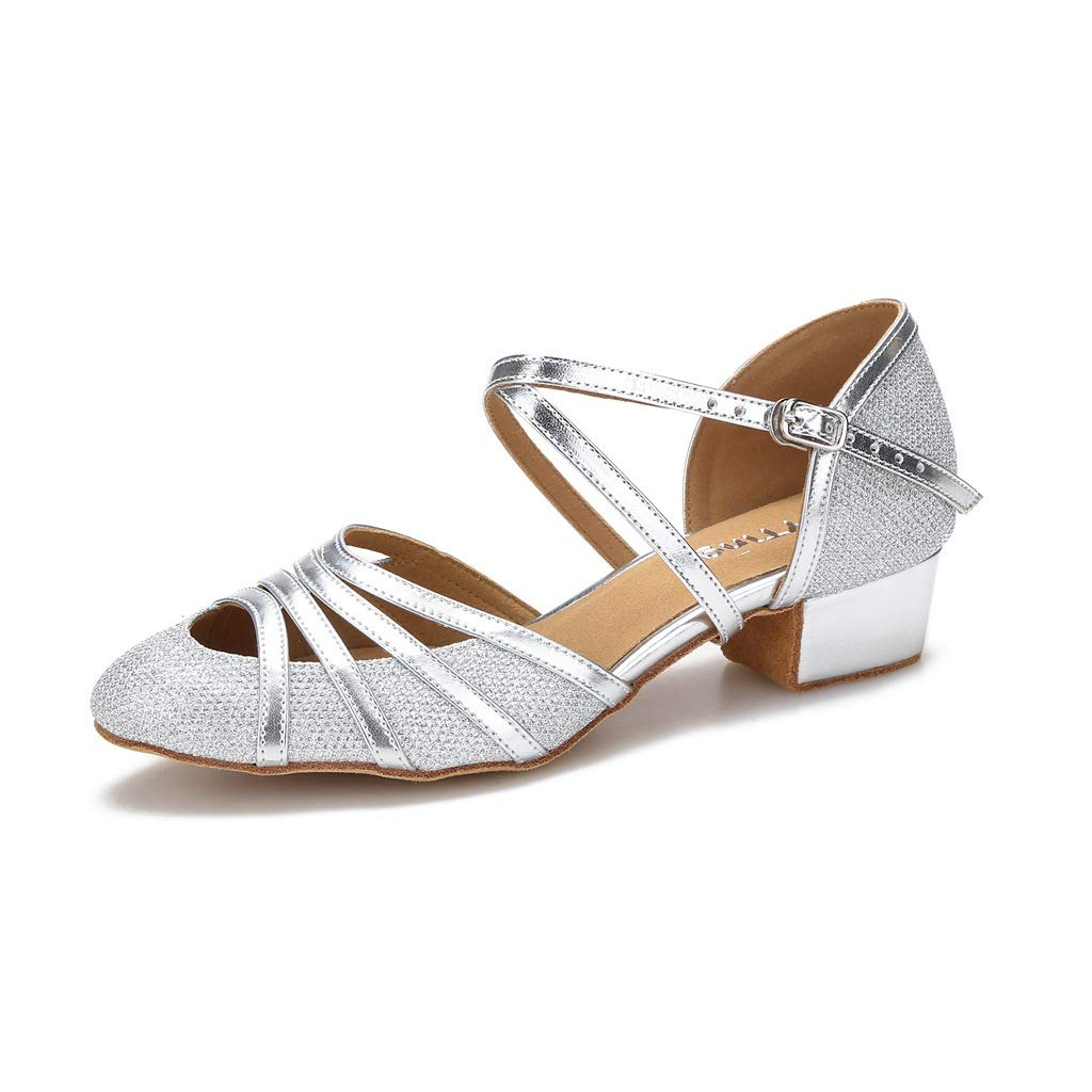 YYTingClosed Toe Ballroom Dance Shoes Women Latin Salsa Social Wedding Indoor Dancing Shoes 2.5in,1.5in Heels YT09, Silver-1.5in Heels, 6.5 UK
