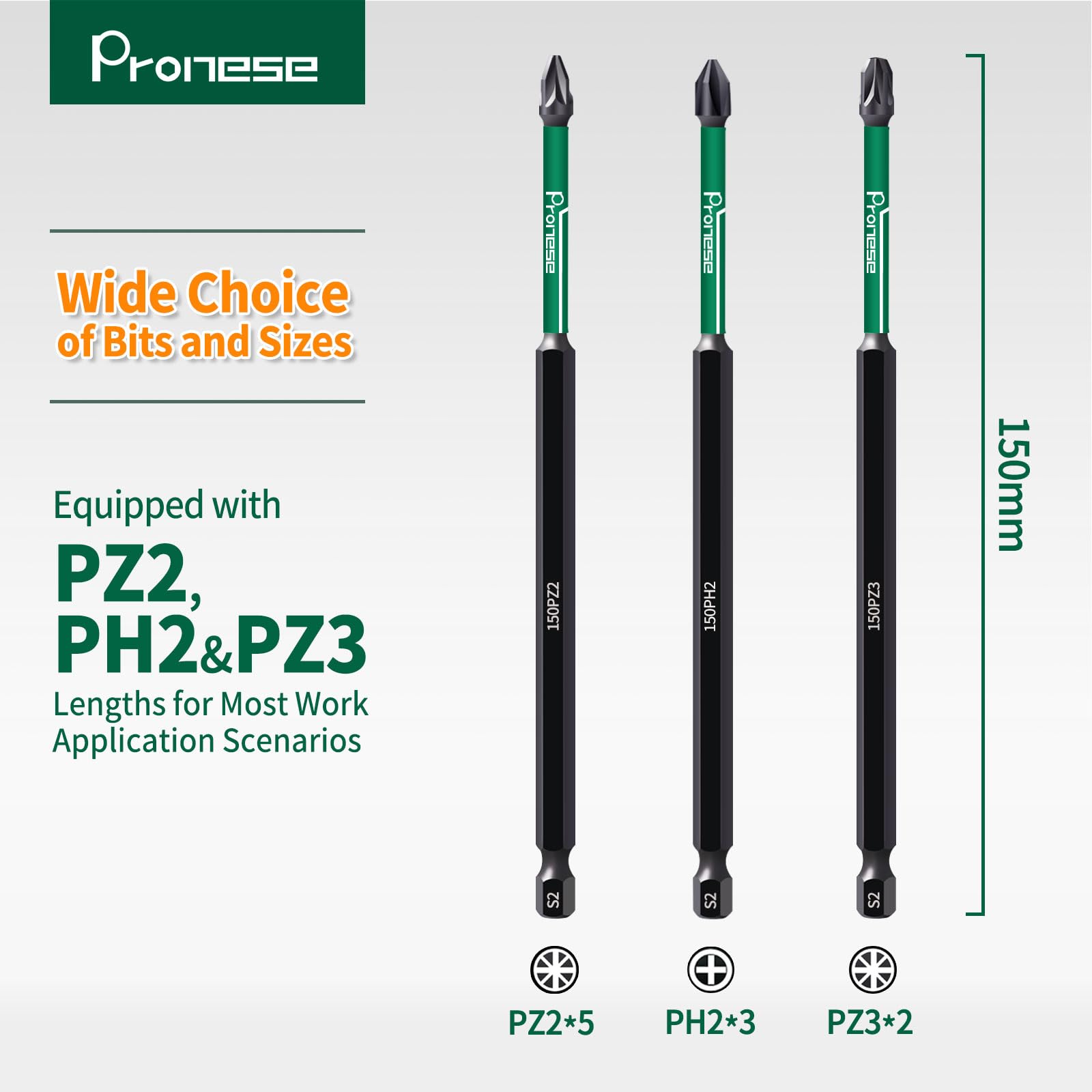 Pronese 10 pcs 150 mm PZ2 & PH2 & PZ3 Magnetic Impact Driver Bits, Long S2 Steel Magnetic Drill Bits, Black and Green, (5*PZ2 - Image 2
