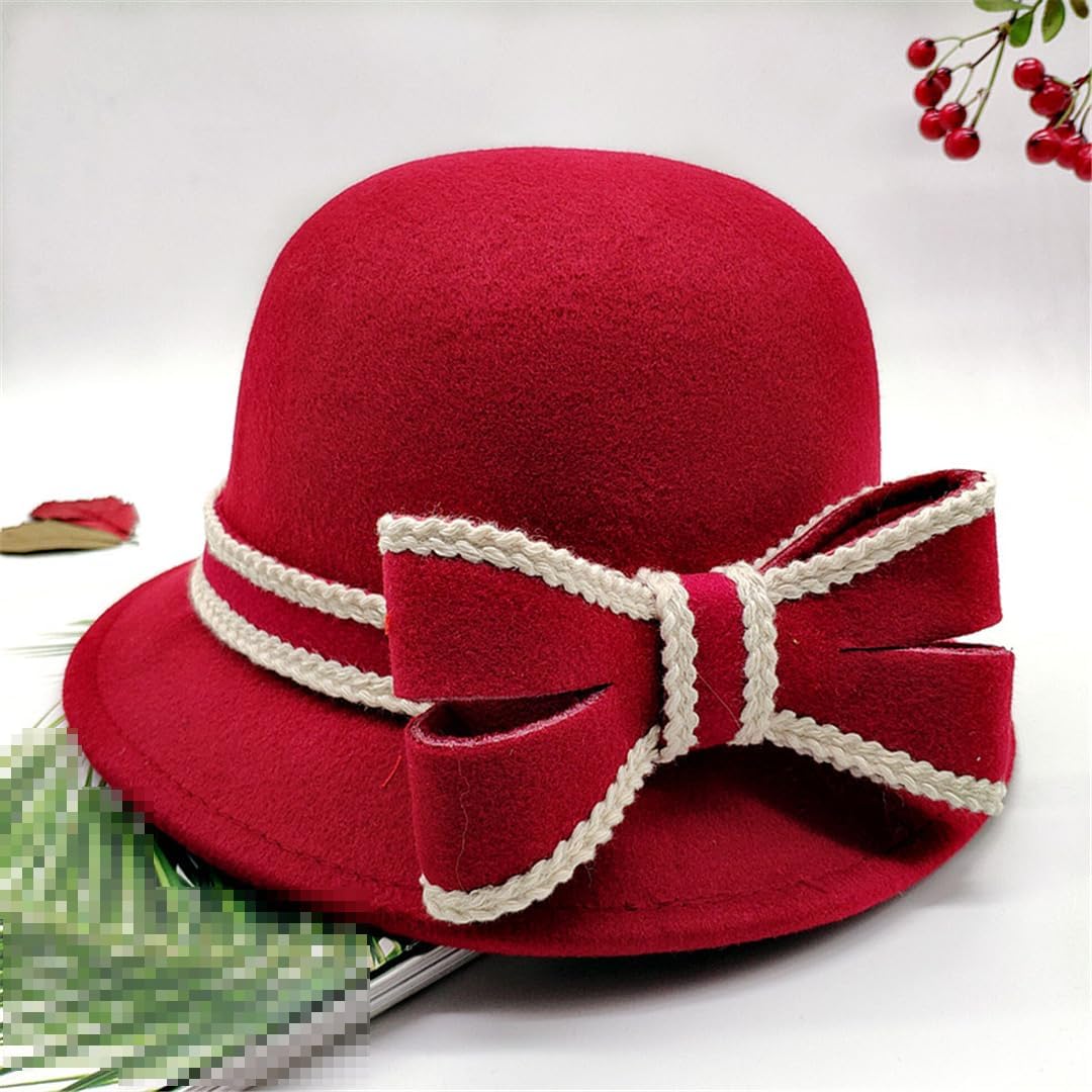 ERFMFKL Women Wool Felt Bucket Hat with Brim Female Bow Fedoras Hats Floppy Warmer Solid Caps