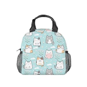 Cat Lunch Bag for Kids Small Lunch Bags Insulated Cute Reusable Lunchbox for Women Light Freezable Lunchbags for