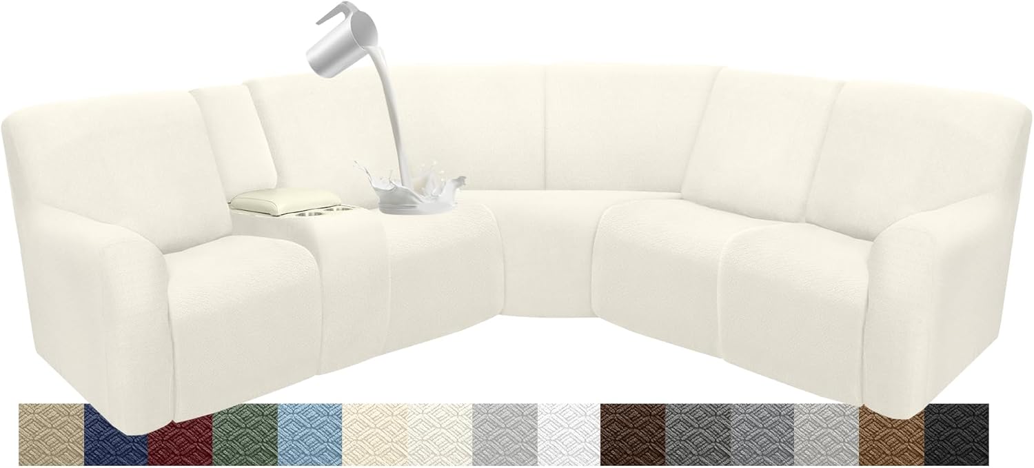 Waterproof Reclining Sectional Couch Covers Washable L Shaped Couch Cover for Sectionals Recliner Sofa Covers Stretch Corner Recliner Slipcovers for Dogs (5 Seater 1 Console Cover, Cream)