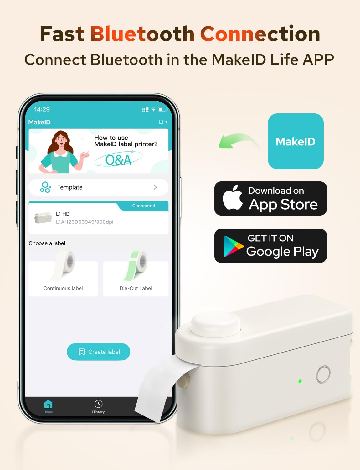 MakeID Étiqueteuse Bluetooth, Imprimante Etiquette Autocollante, Mini MakeID Étiqueteuse Bluetooth, Imprimante Etiquette Autocollante, Mini