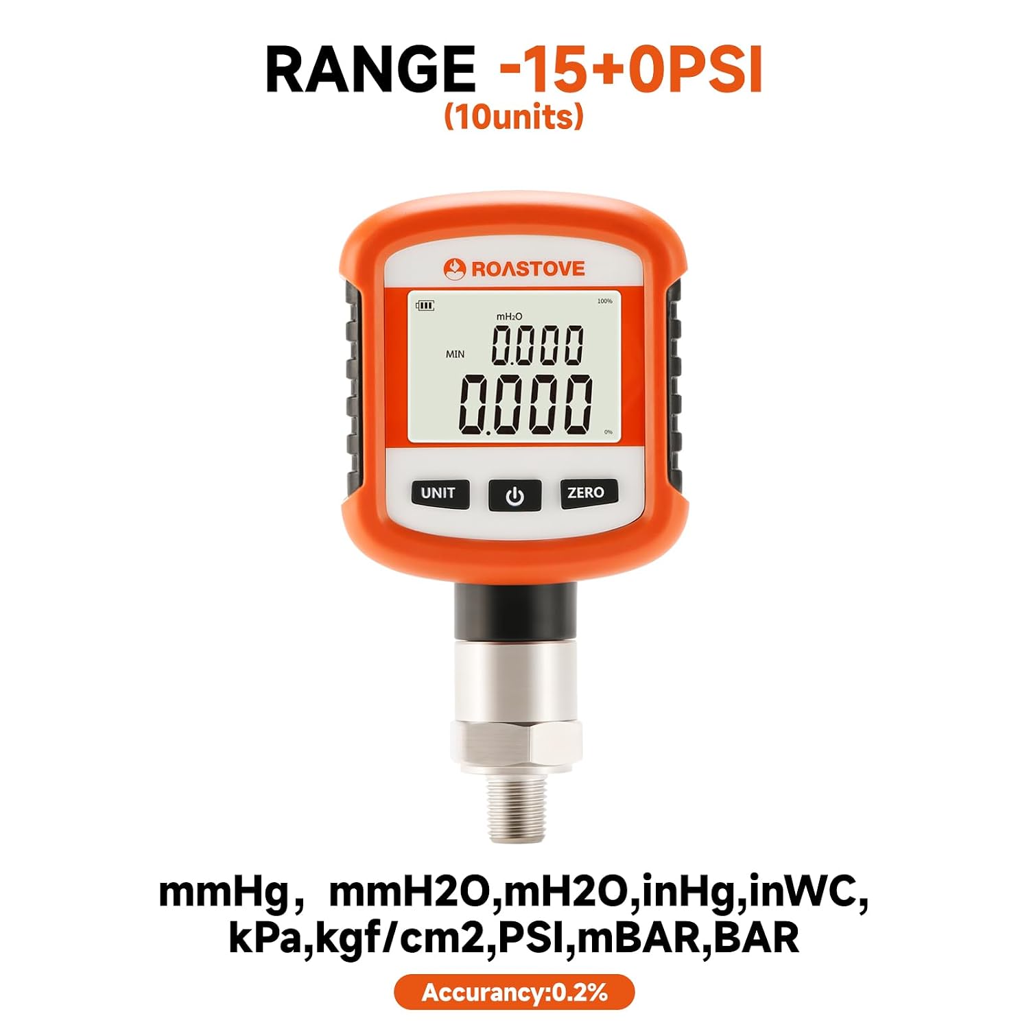 Digital Industrial Pressure Gauge -15psi-0, 0.2% FS, 1/4''NPT Lower, Stainless Steel Connection, Battery Powered, with LED Light, Blue Tooth, Phone Connect