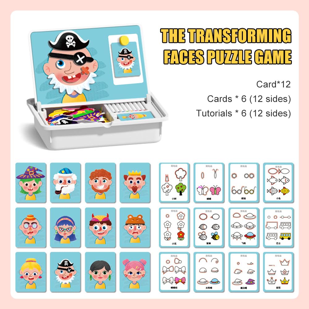 Magnetspiel, 3 In 1 Magnetische Puzzle für Kinder, Pädagogisches Magnetgeschenk Montessori Spielzeug mit Tafel 8 Pinsel 12 Karten Magnetisches Lernspiel Reisespiel ab 3 Jahre für Unterwegs (Gesicht)
