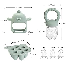 Gedebey Baby Fruit Feeder & Breastmilk Popsicle Mold Set - 3 Pack Silicone Teething Relief Kit with Food Feeder Pacifier, Freezer Tray with Lid & Baby Teether (Pea Green)