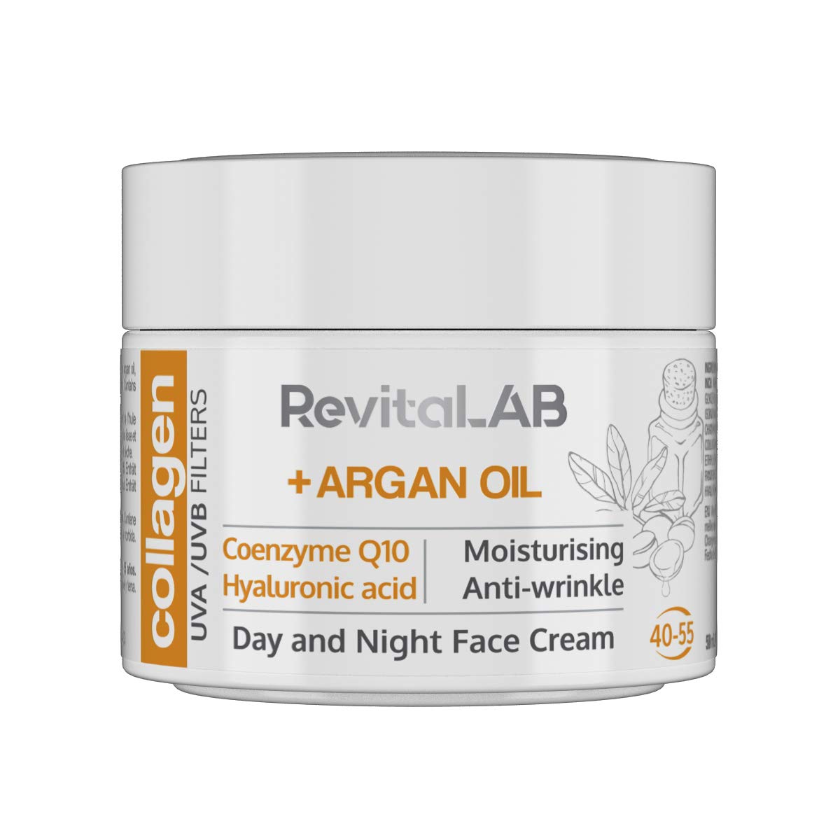 RevitaLAB Day and Night Collagen Anti-Ageing Moisturiser, Enriched with Hyaluronic Acid, Q10, Argan Oil and a UVA/UVB Filter, for Ages 40 – 55, 50 ml