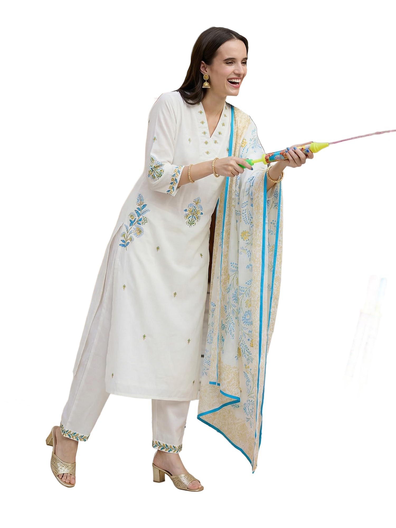 indo era Women's Pure Cotton Floral Embroidered Calf Length Straight V-Neck Kurta & Pant with Dupatta Set (HOLAI10877)-picture-40