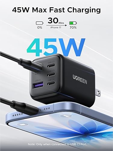 Miniatura 3 de UGREEN 5-Port 45W USB C Charger Block, PD/PPS/QC 45 Watt Fast Charging GaN Charger for iPhone 17/16, Galaxy S25/S24/S23/S22, Pixel 9/8, iPad,